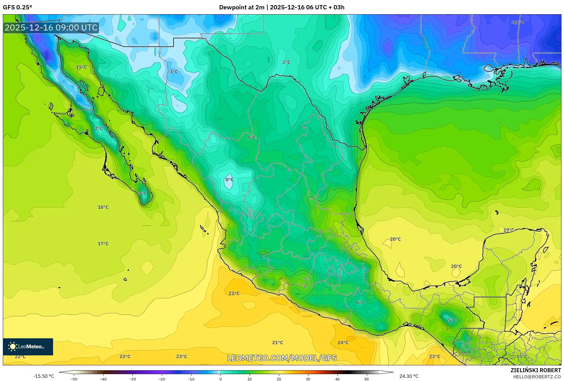 GFS model - Mexico, Dewpoint at 2m