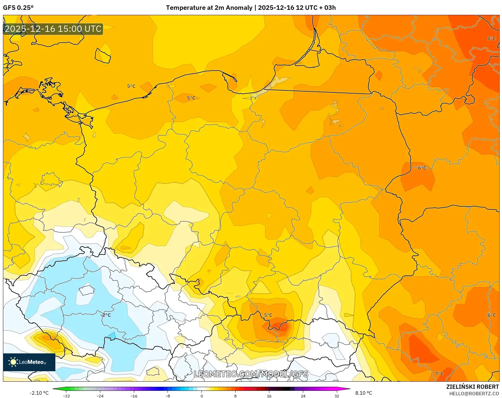 GFS model - Poland, Temperature at 2m Anomaly