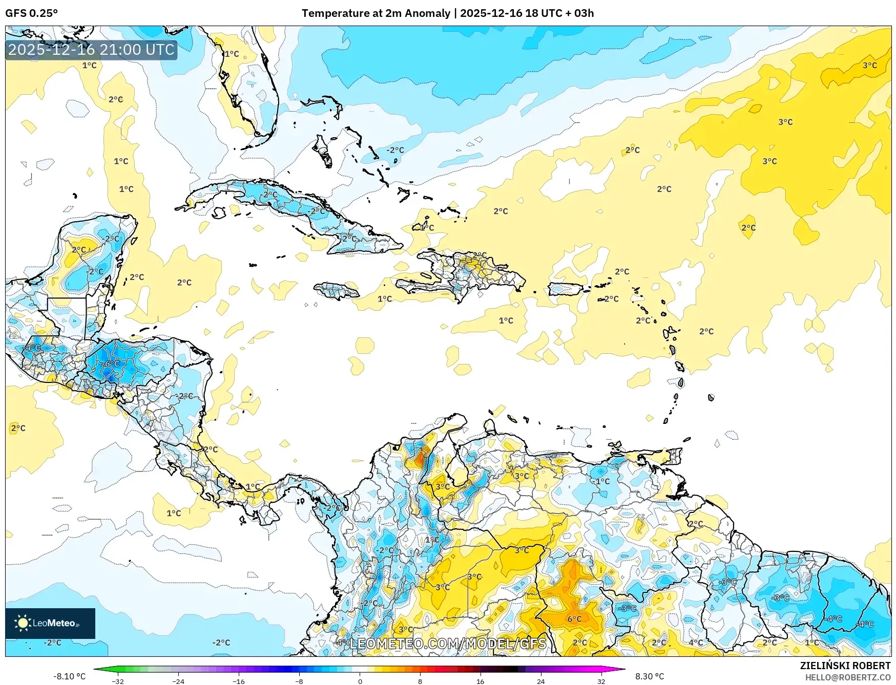 GFS model - Caribbean, Temperature at 2m Anomaly