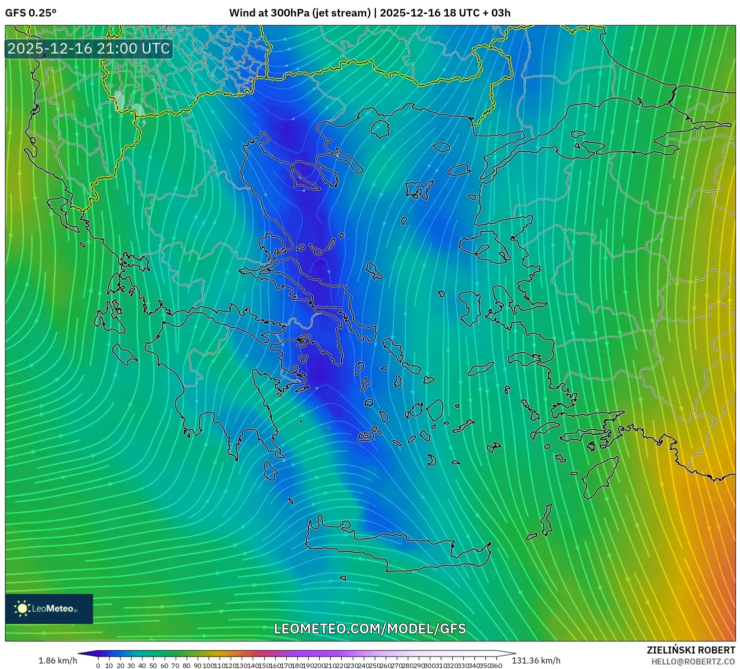 GFS model - Greece, Wind at 300hPa (jet stream)