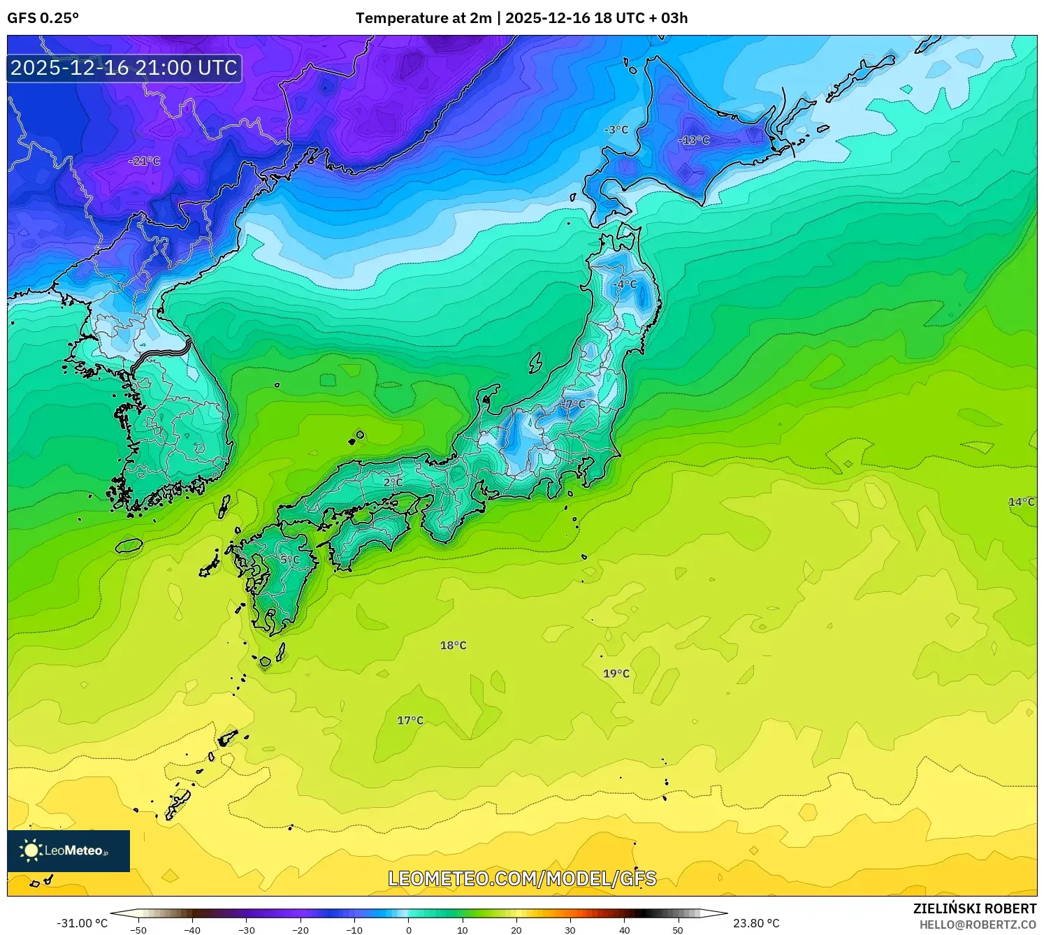 GFS model - Japan, Temperature at 2m