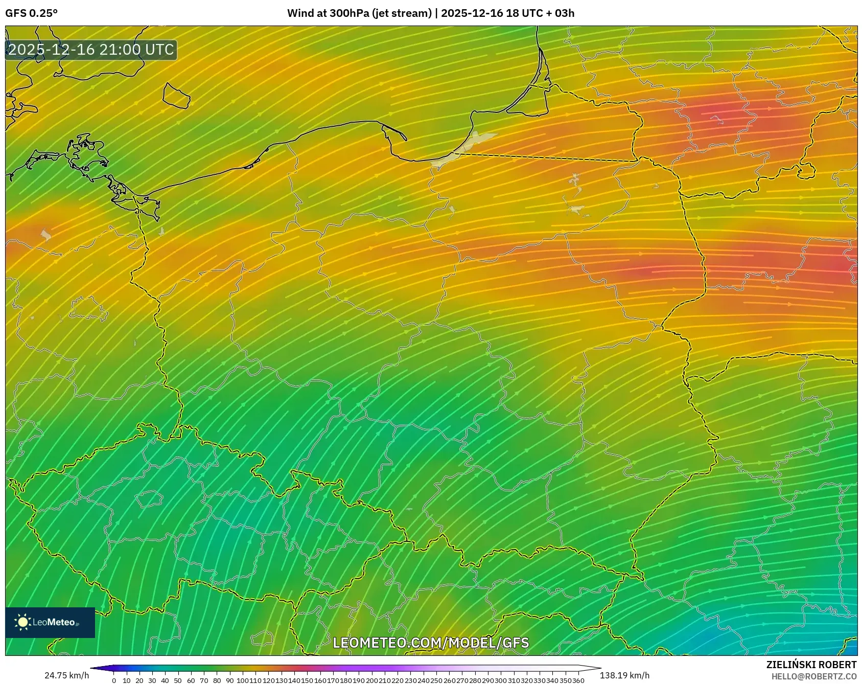 GFS model - Poland, Wind at 300hPa (jet stream)