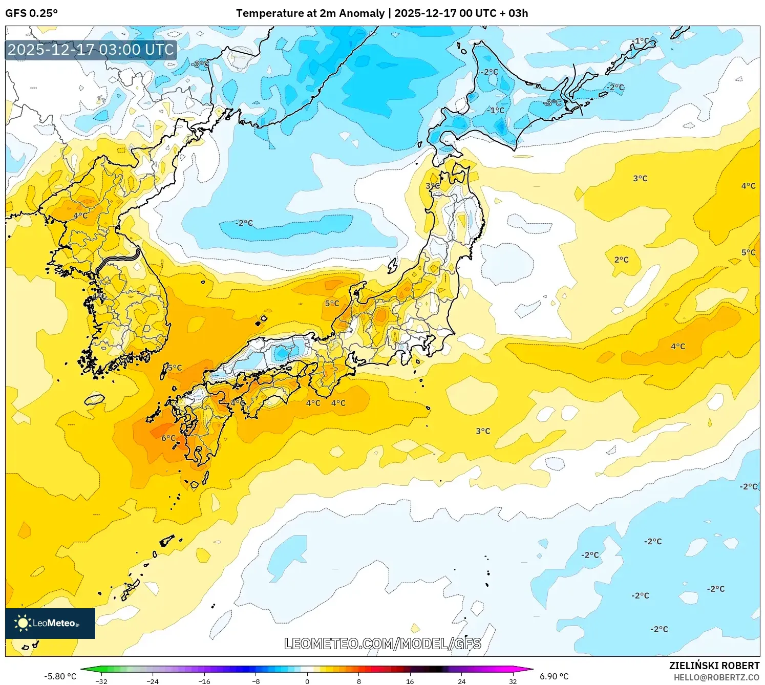 GFS model - Japan, Temperature at 2m Anomaly