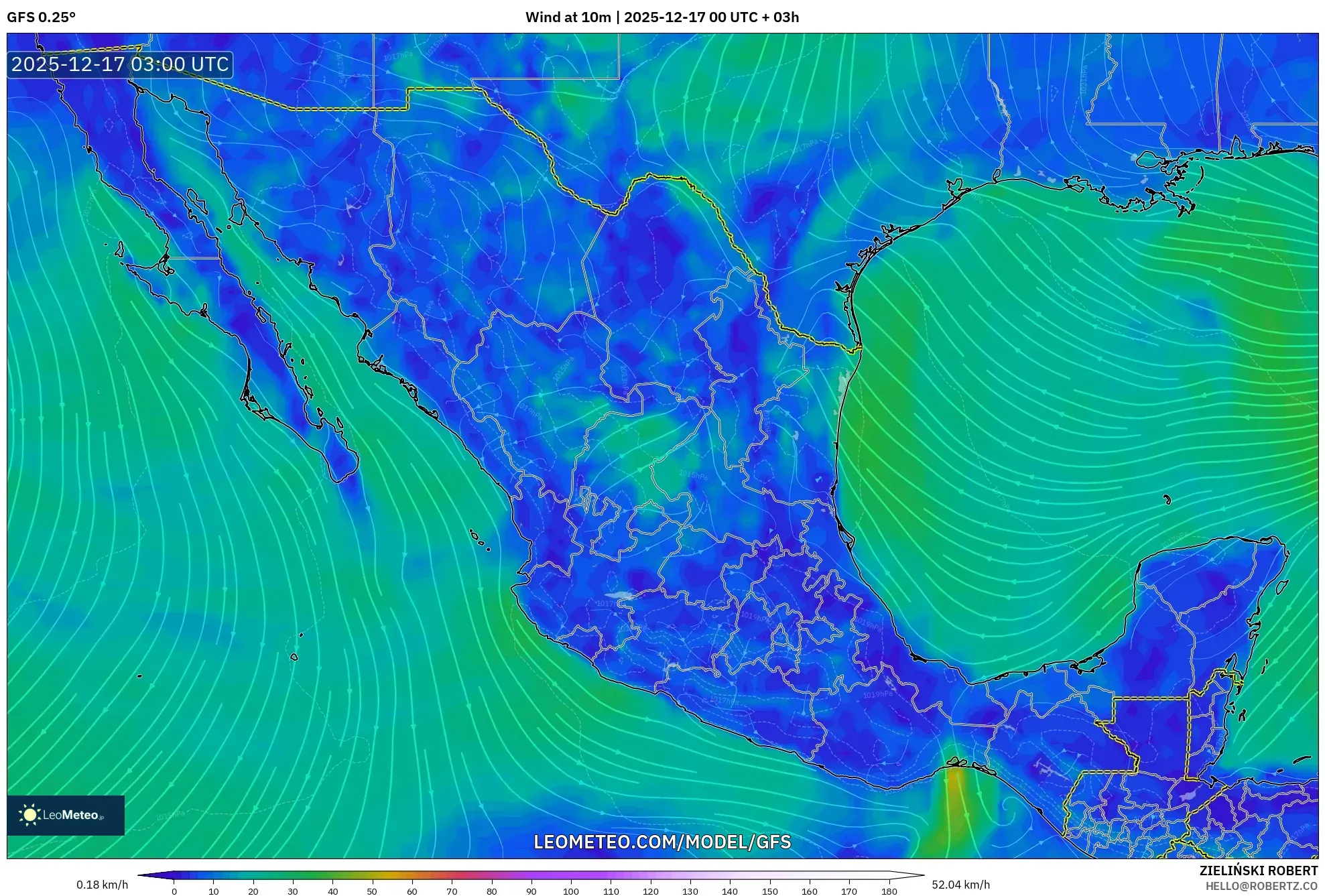 GFS model - Mexico, Wind at 10m