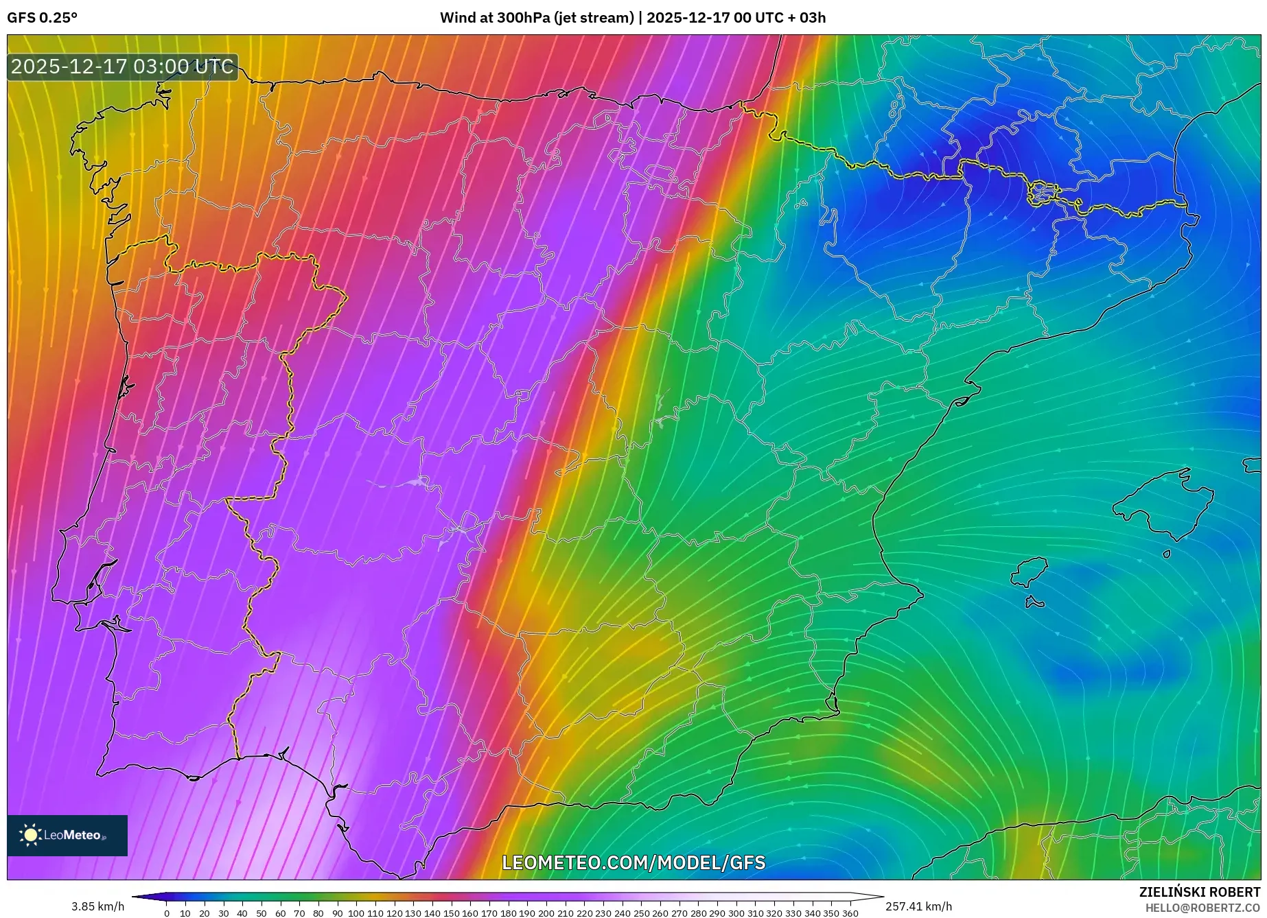 GFS model - Spain, Wind at 300hPa (jet stream)