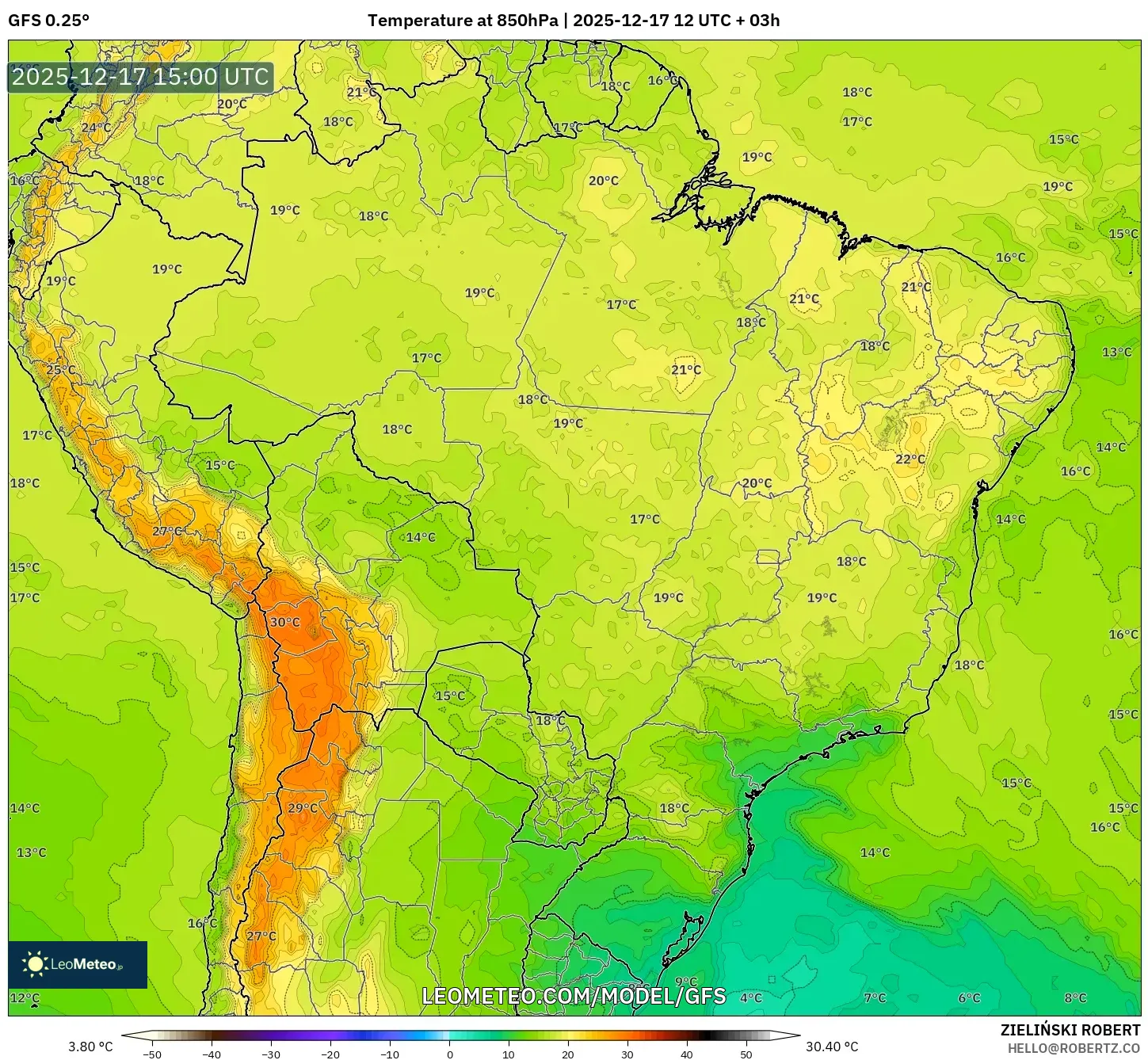 GFS model - Brazil, Temperature at 850hPa