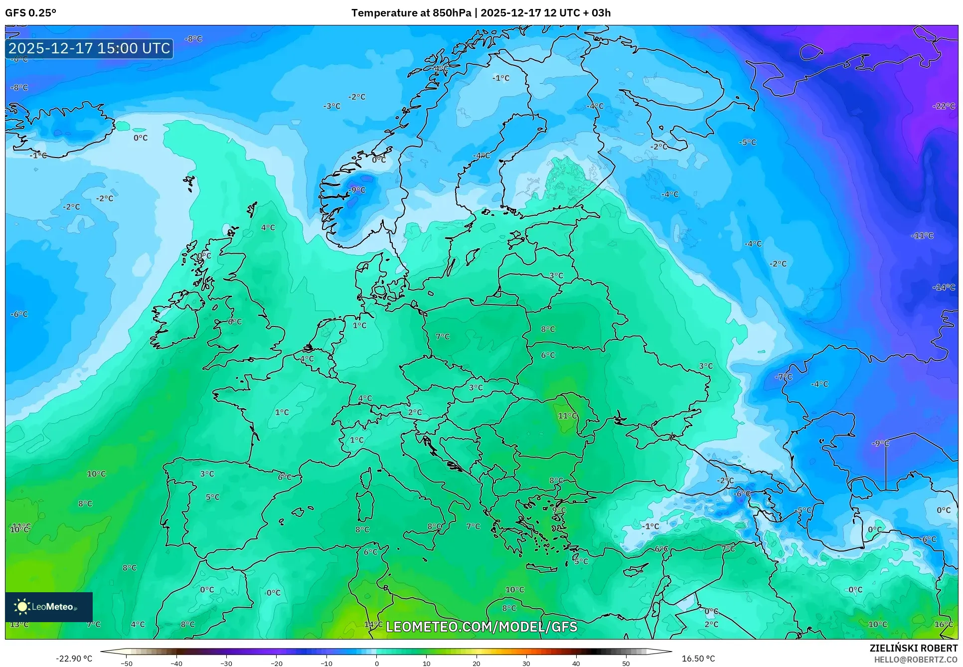 GFS model - Europe, Temperature at 850hPa