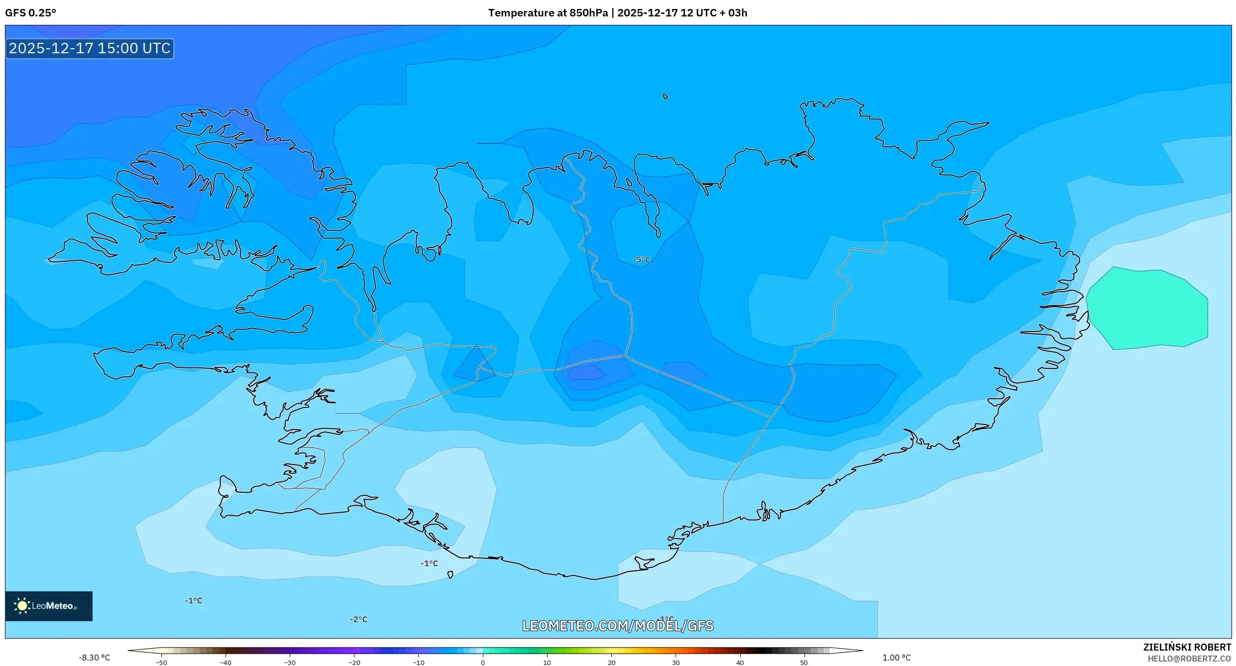 GFS model - Iceland, Temperature at 850hPa