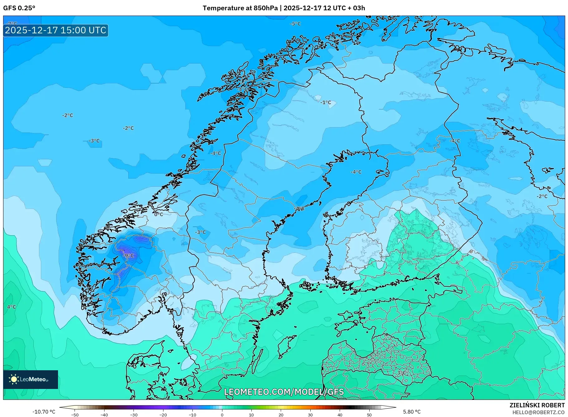 GFS model - Scandinavia, Temperature at 850hPa