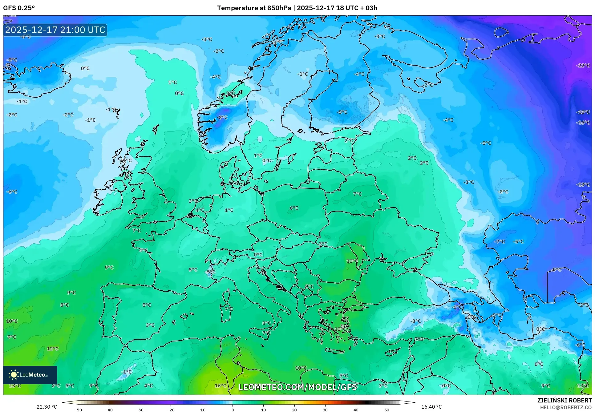 GFS model - Europe, Temperature at 850hPa