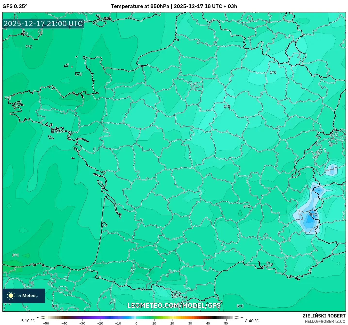 GFS model - France, Temperature at 850hPa