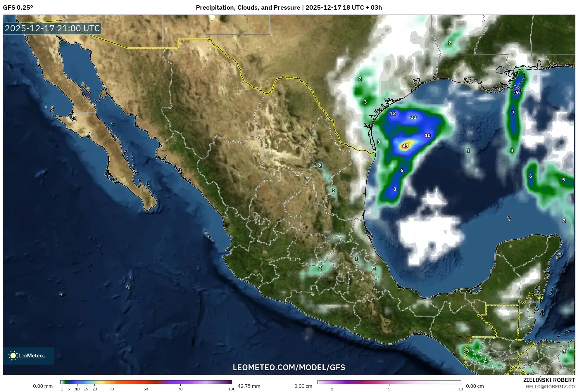 GFS model - Mexico, Precipitation, Clouds, and Pressure