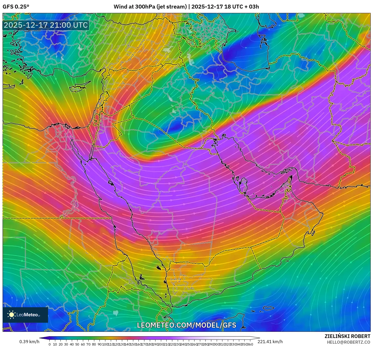 GFS model - Middle East, Wind at 300hPa (jet stream)