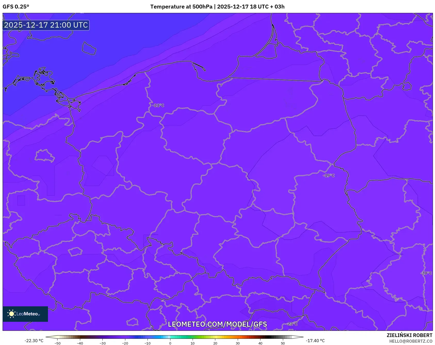 GFS model - Poland, Temperature at 500hPa