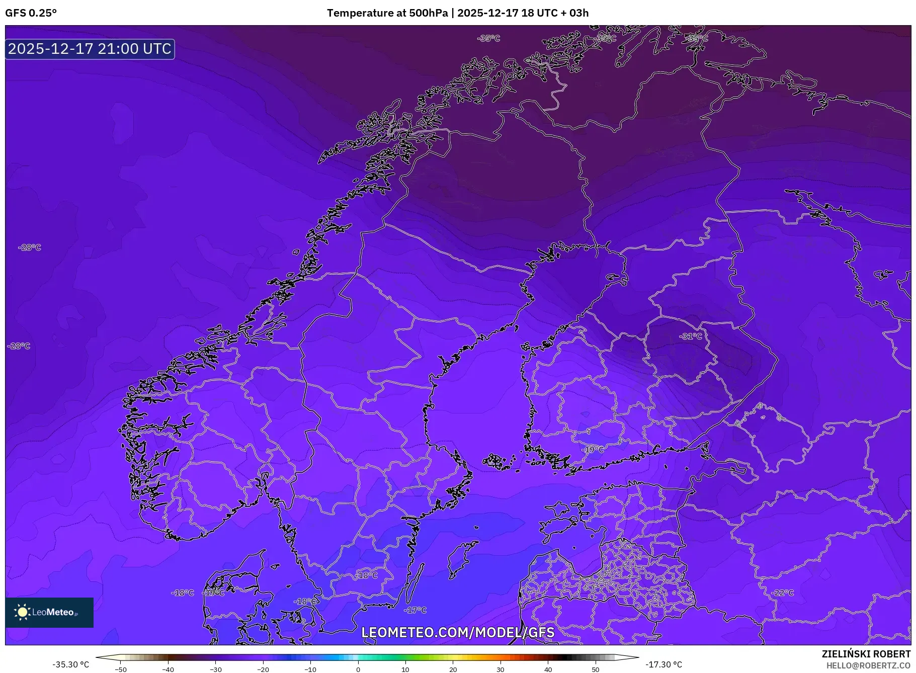 GFS model - Scandinavia, Temperature at 500hPa