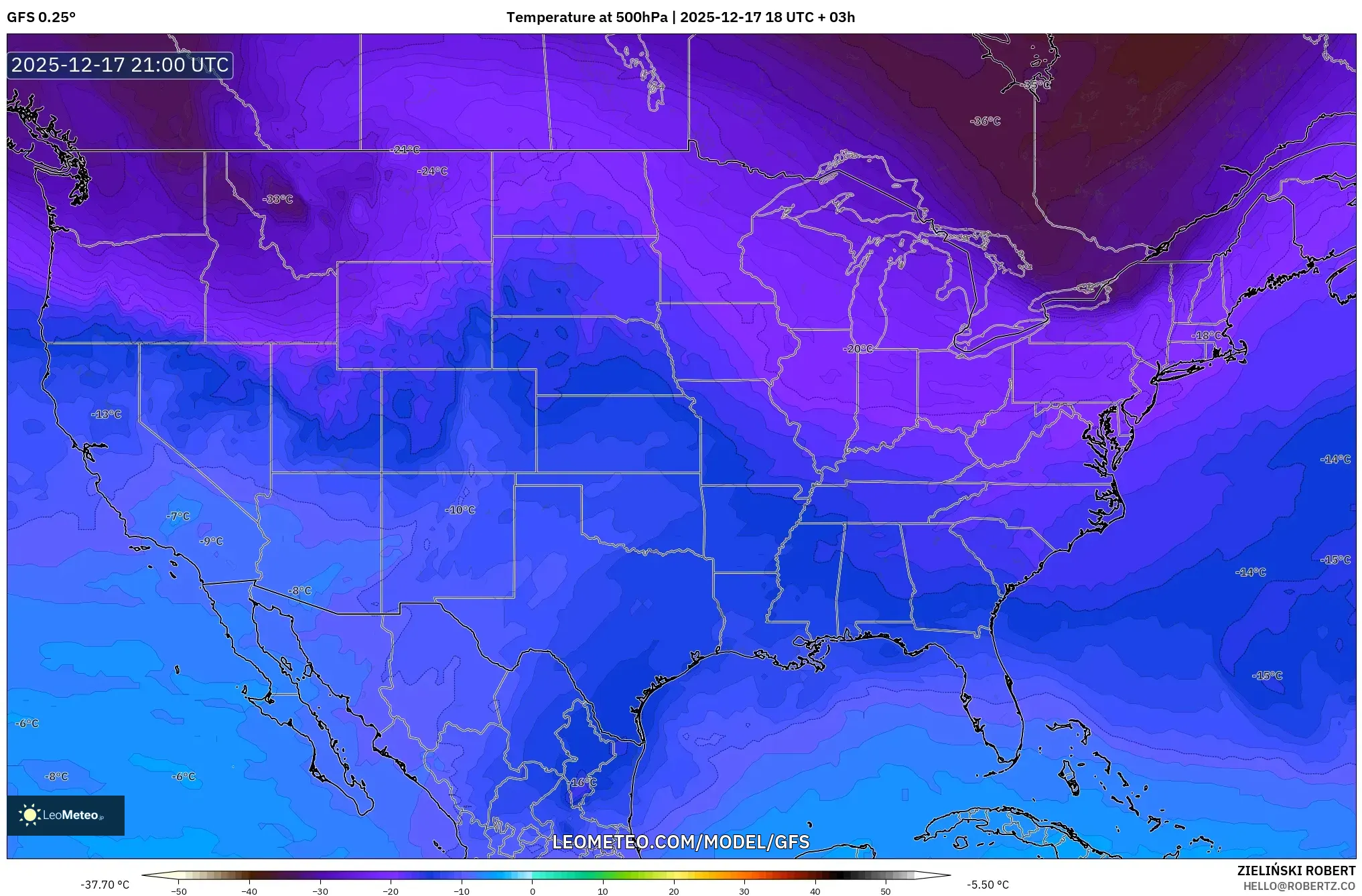 GFS model - United States, Temperature at 500hPa
