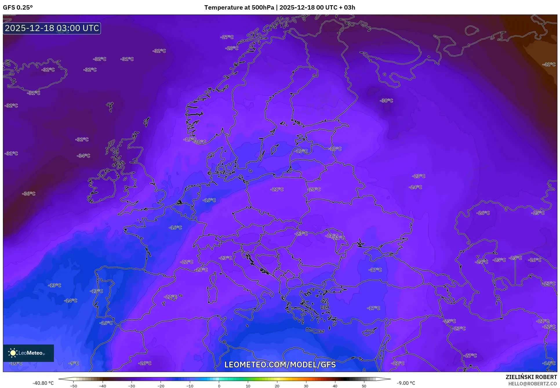 GFS model - Europe, Temperature at 500hPa