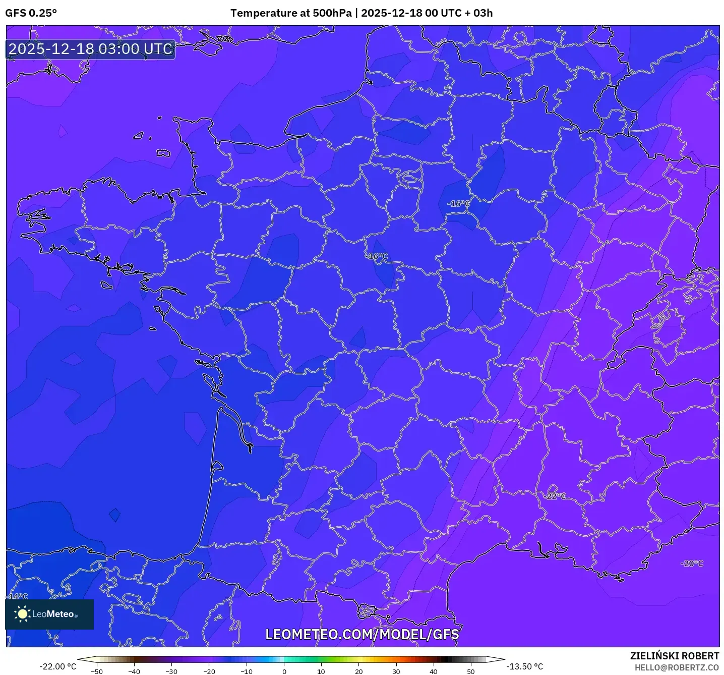 GFS model - France, Temperature at 500hPa