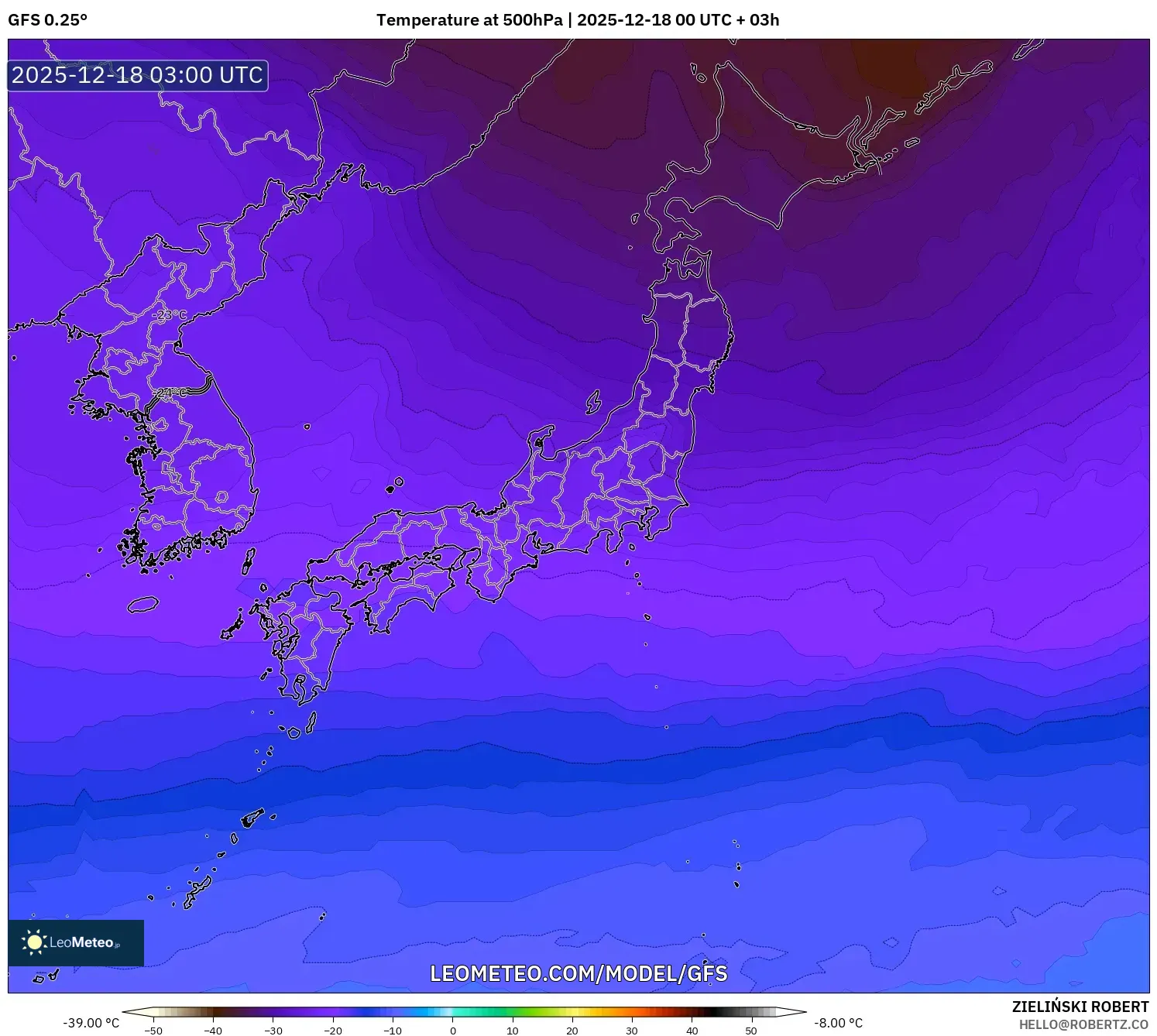 GFS model - Japan, Temperature at 500hPa