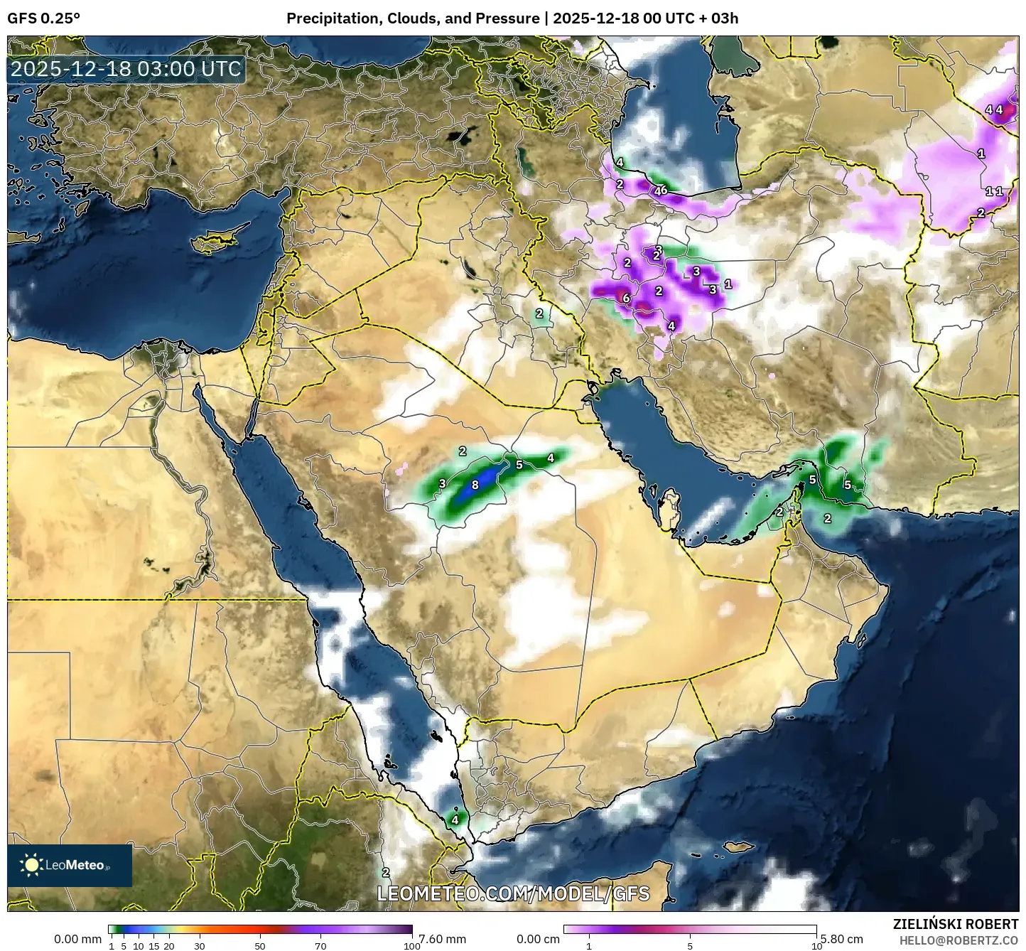 GFS model - Middle East, Precipitation, Clouds, and Pressure