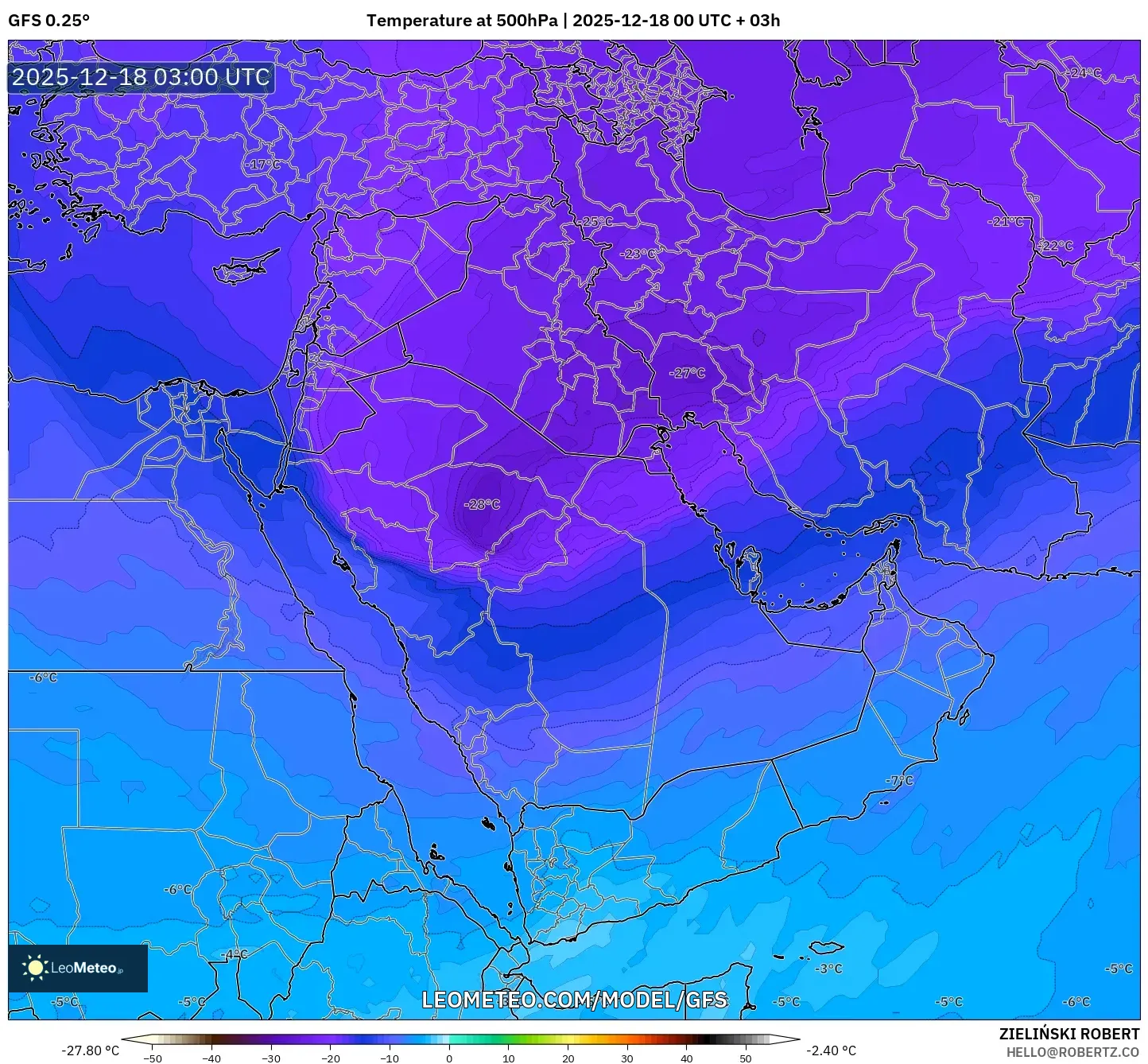 GFS model - Middle East, Temperature at 500hPa