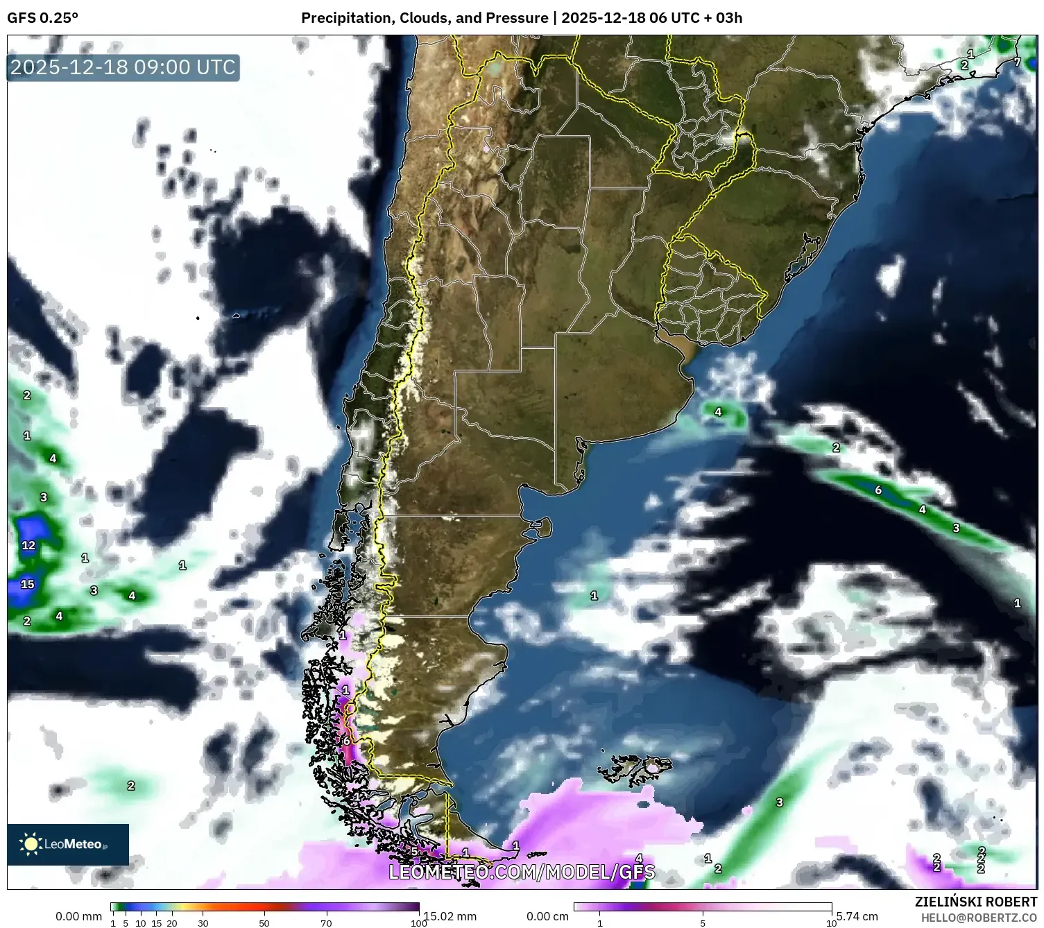 GFS model - Argentina, Precipitation, Clouds, and Pressure