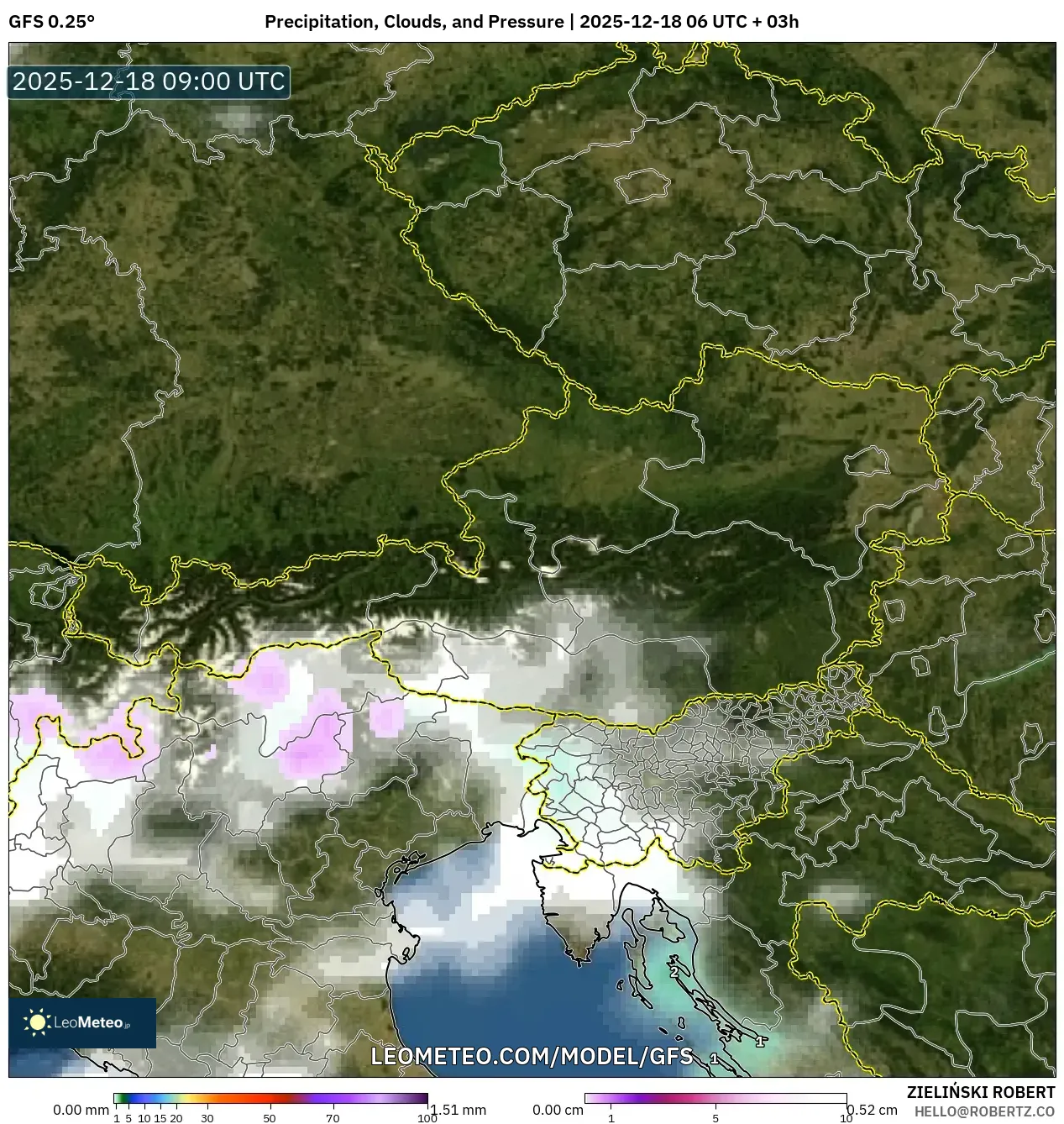 GFS model - Austria, Precipitation, Clouds, and Pressure