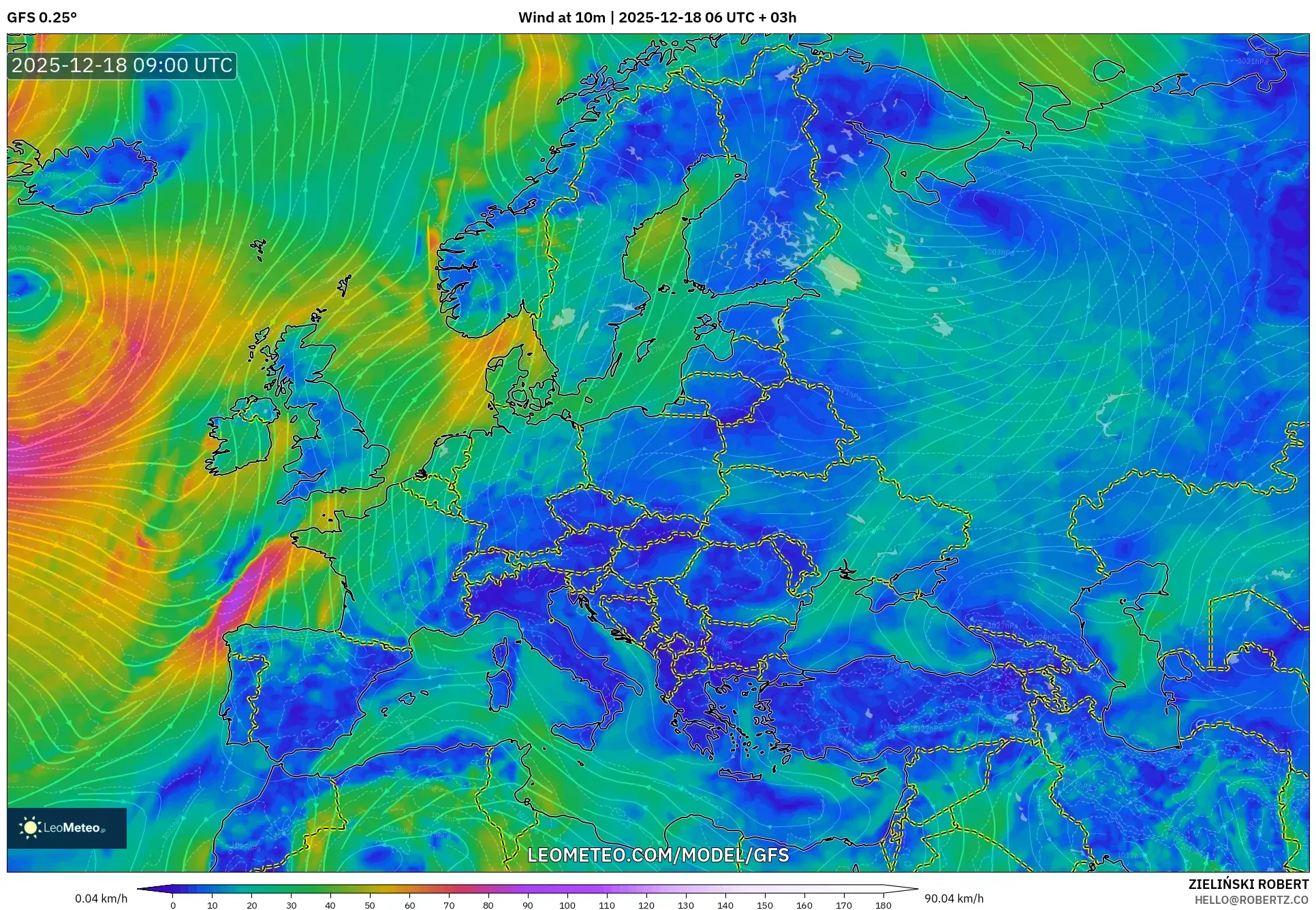 GFS model - Europe, Wind at 10m