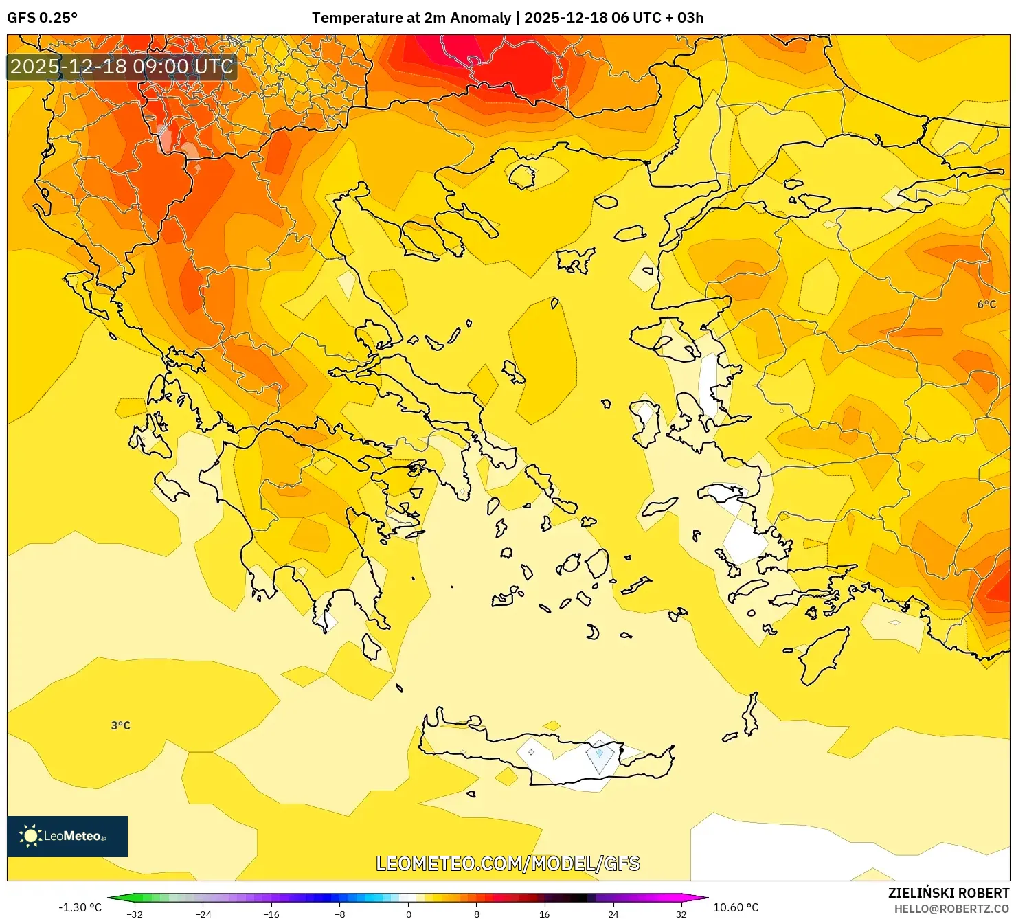 GFS model - Greece, Temperature at 2m Anomaly