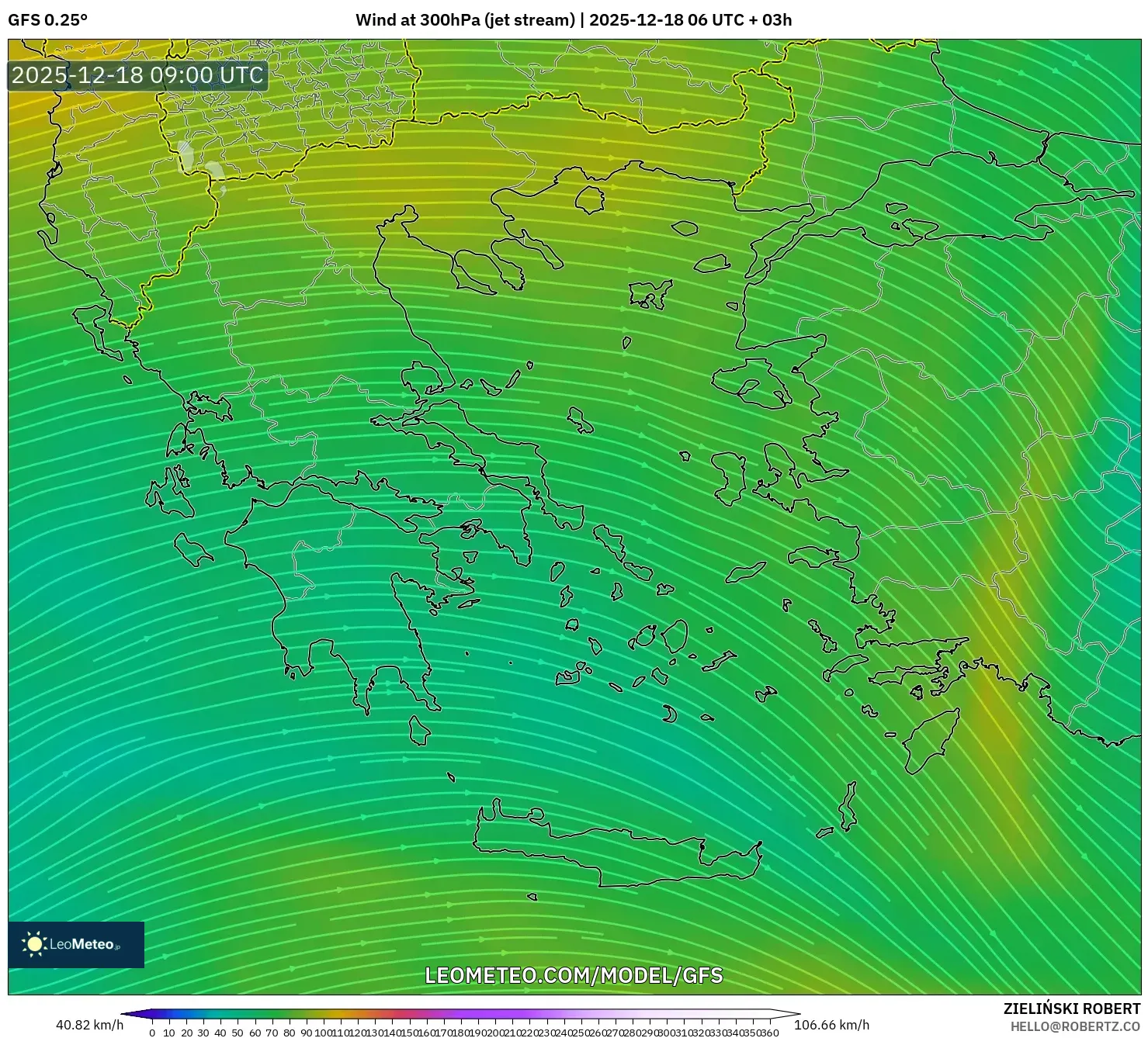 GFS model - Greece, Wind at 300hPa (jet stream)