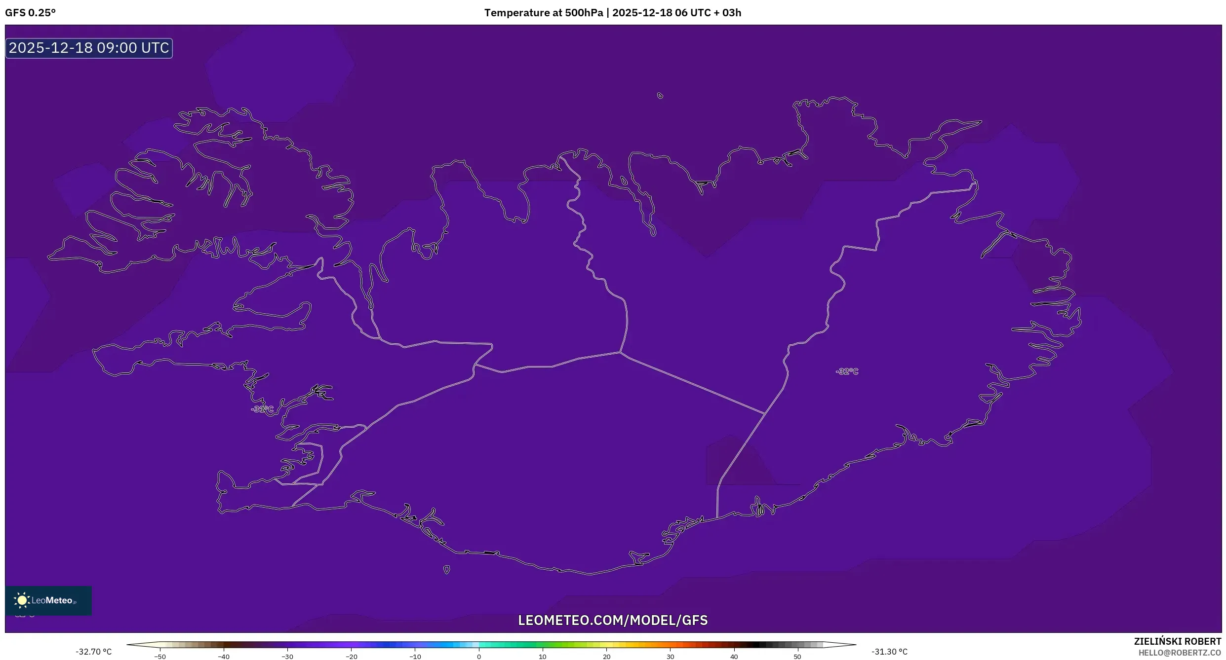 GFS model - Iceland, Temperature at 500hPa