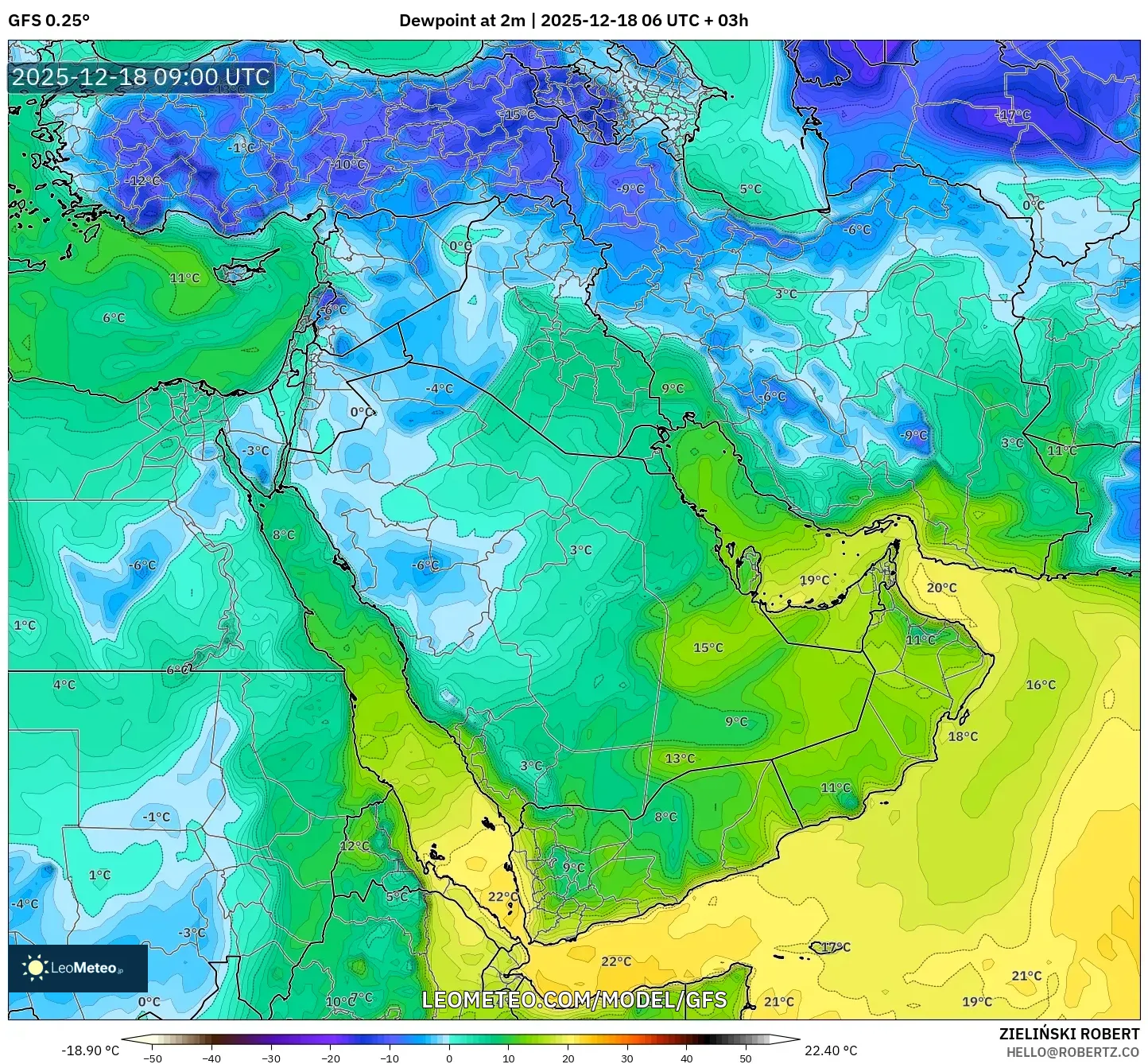 GFS model - Middle East, Dewpoint at 2m