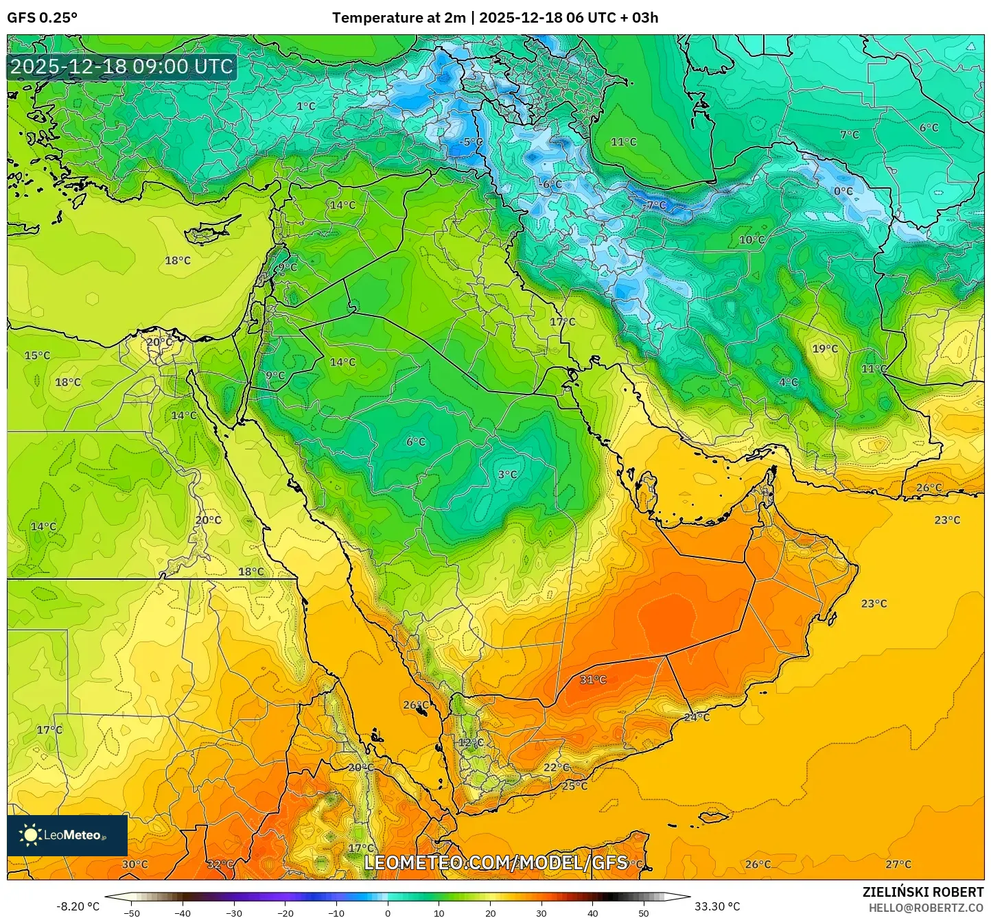 GFS model - Middle East, Temperature at 2m