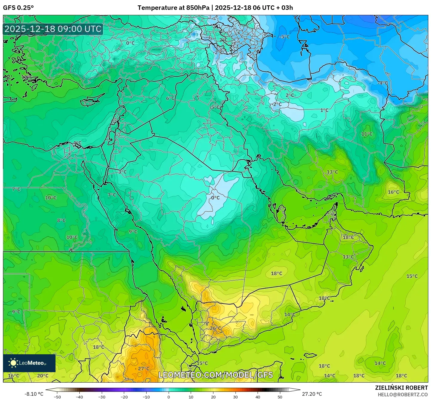 GFS model - Middle East, Temperature at 850hPa