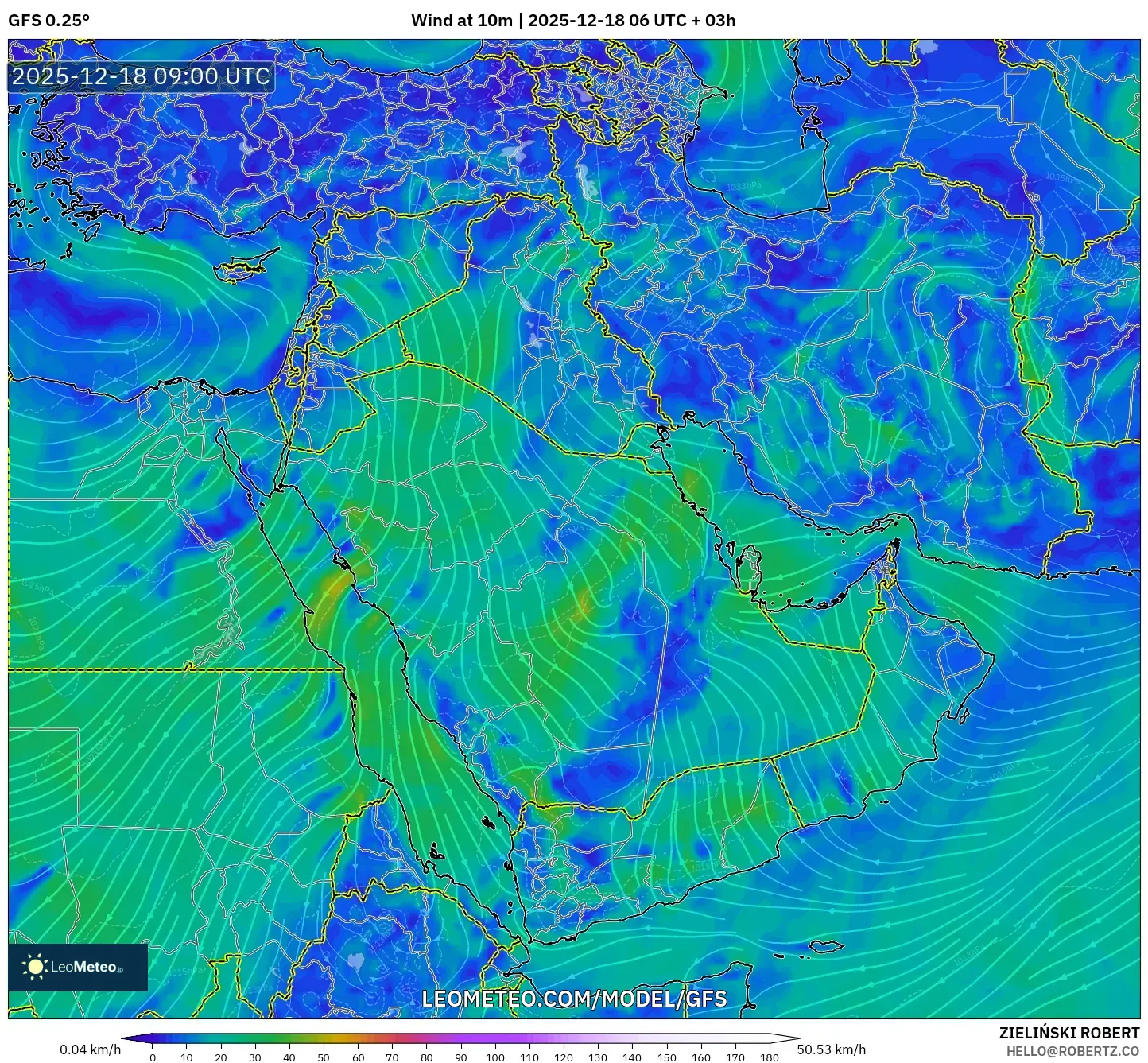GFS model - Middle East, Wind at 10m