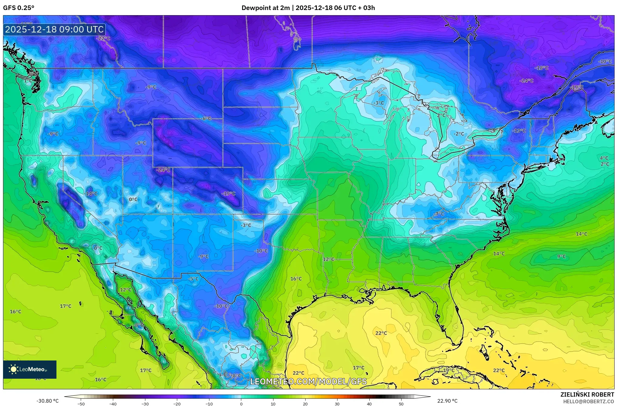 GFS model - United States, Dewpoint at 2m