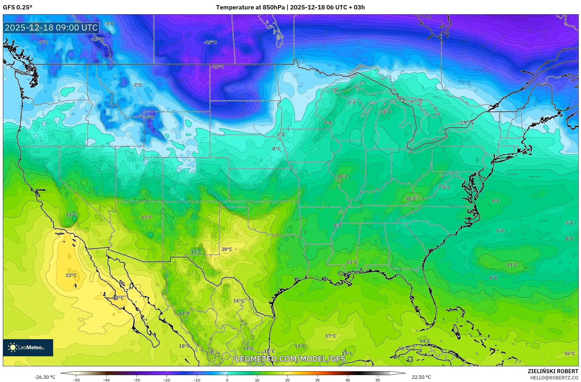 GFS model - United States, Temperature at 850hPa