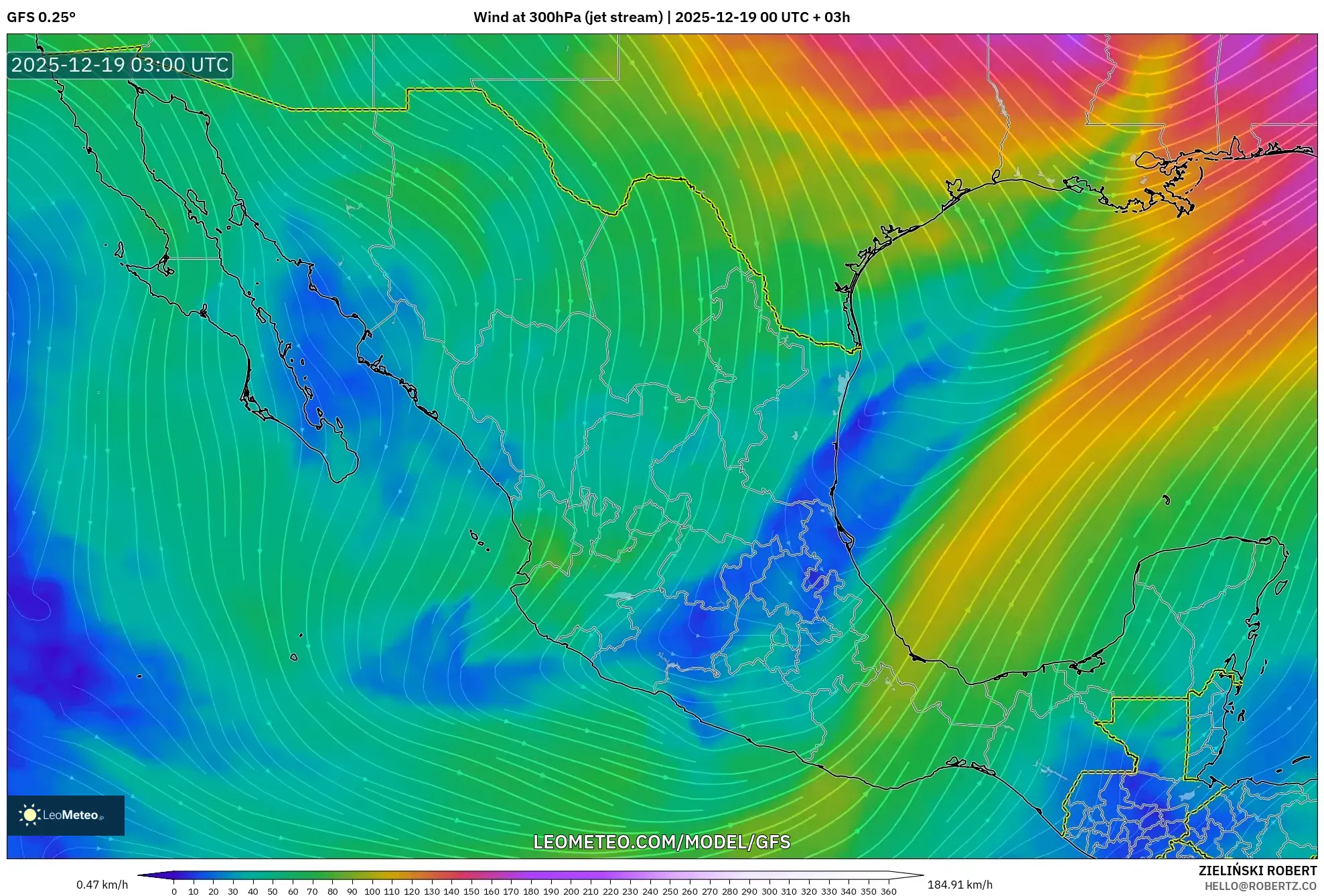 GFS model - Mexico, Wind at 300hPa (jet stream)