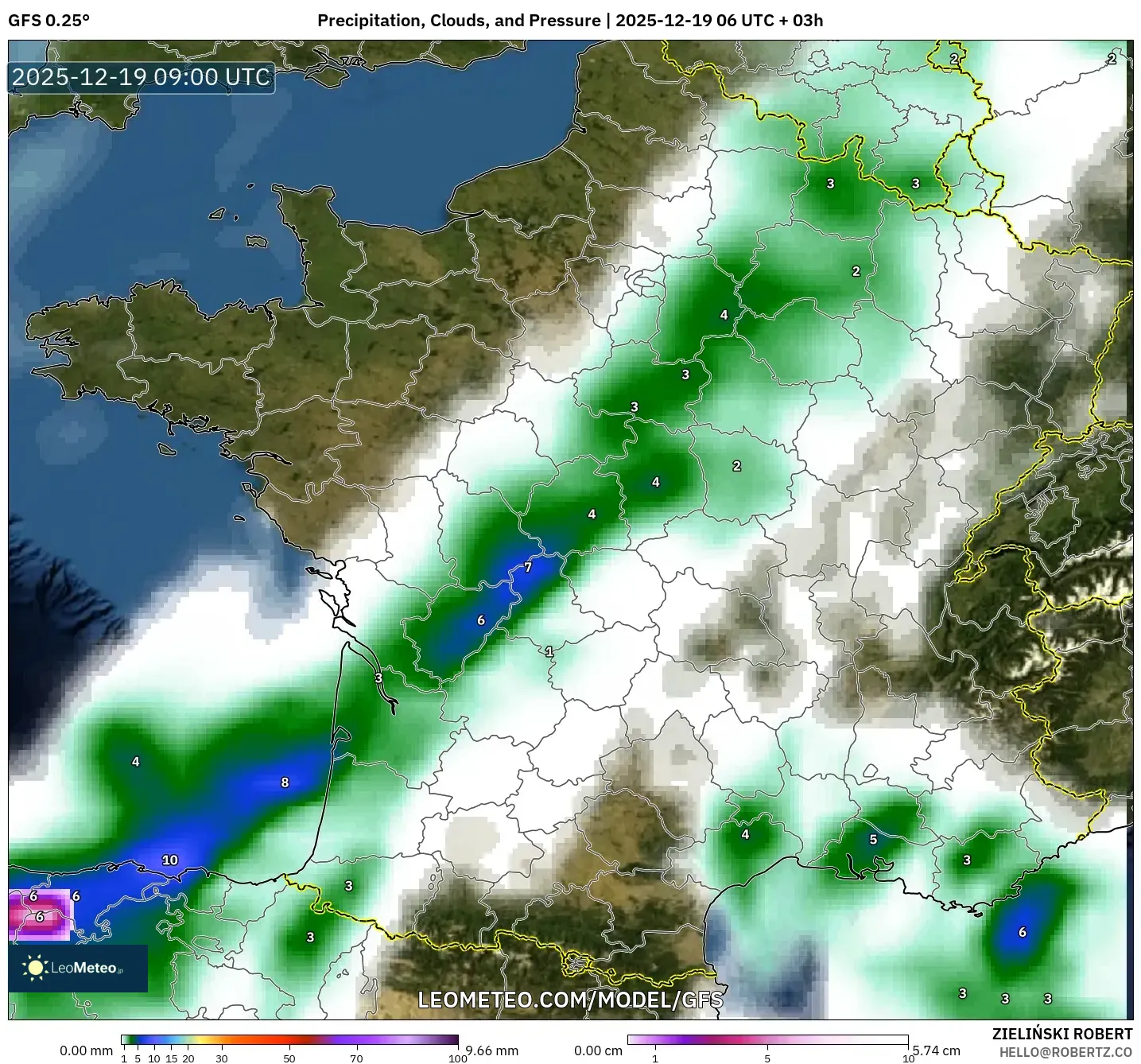 GFS model - France, Precipitation, Clouds, and Pressure