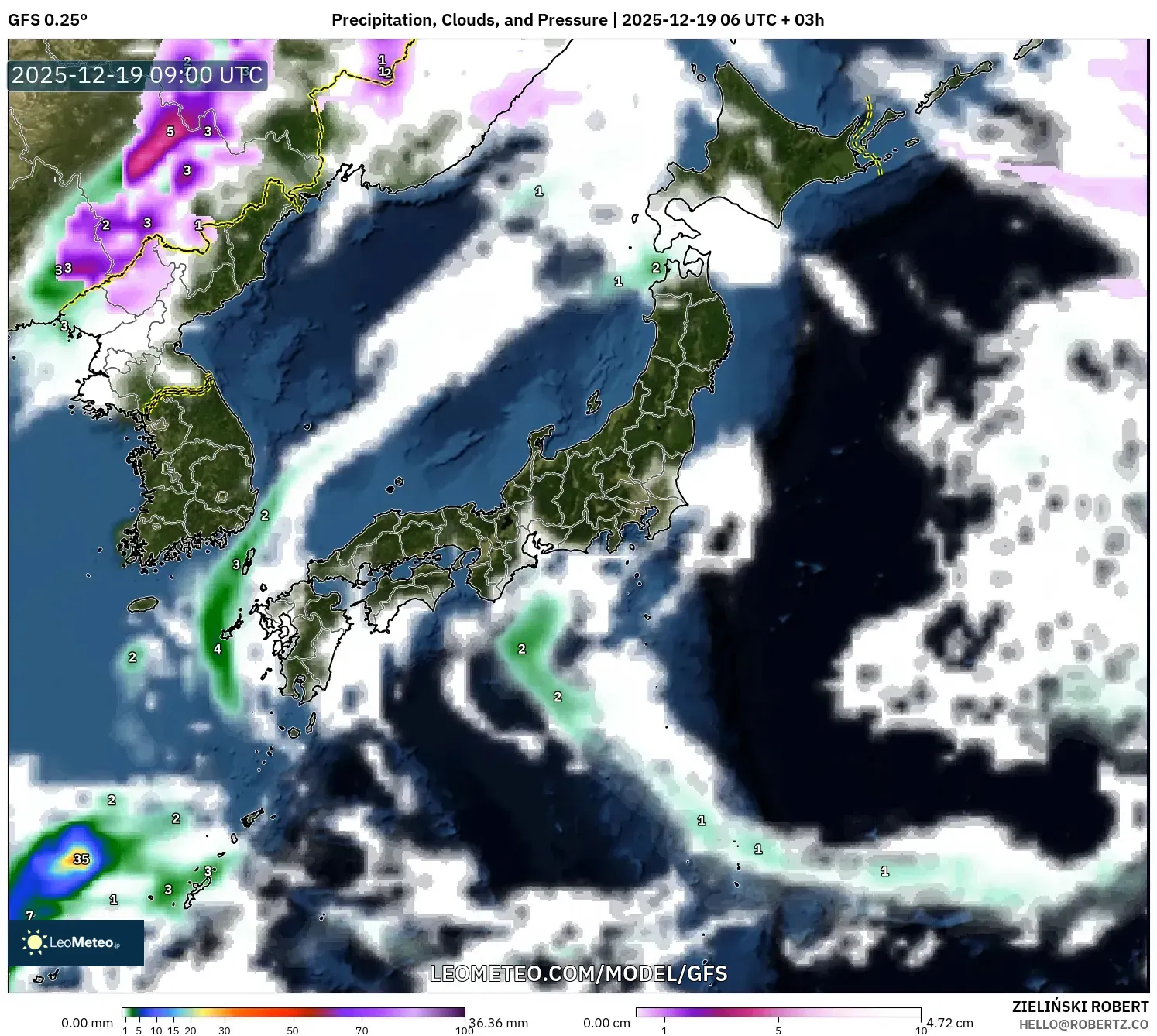 GFS model - Japan, Precipitation, Clouds, and Pressure