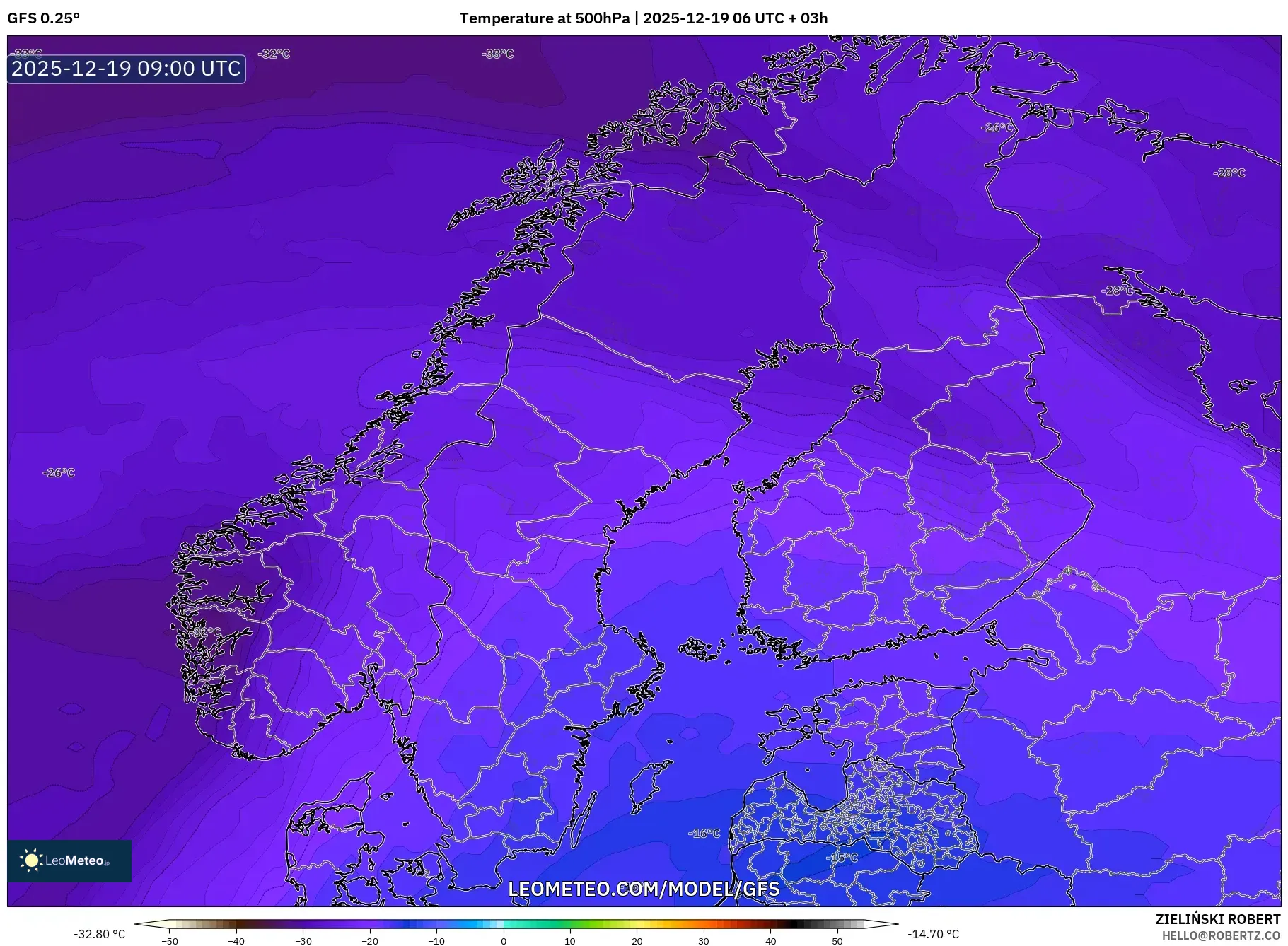 GFS model - Scandinavia, Temperature at 500hPa