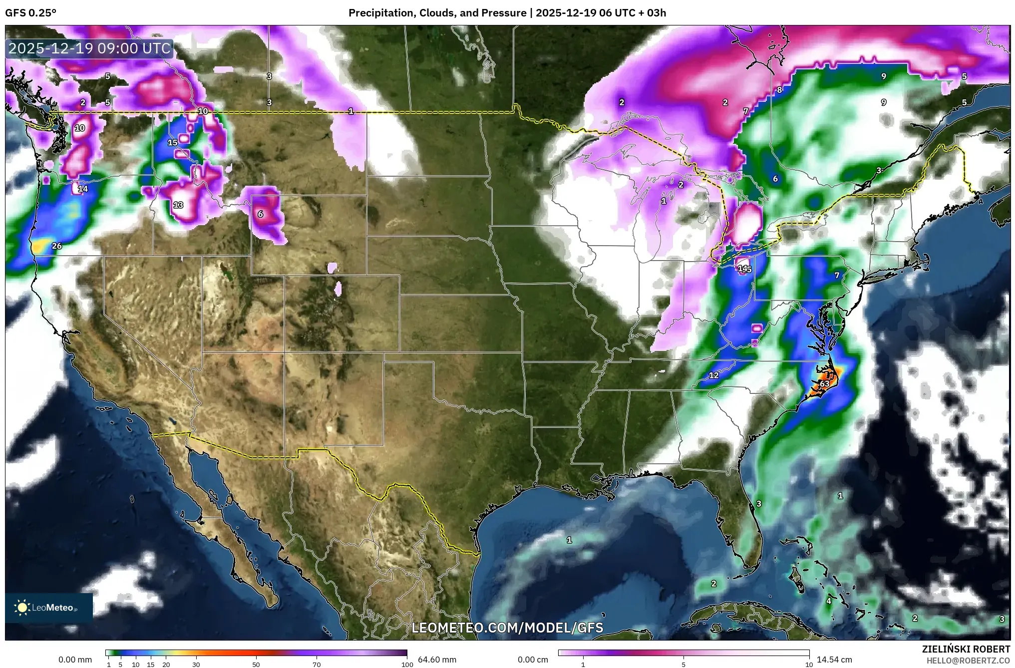 GFS model - United States, Precipitation, Clouds, and Pressure
