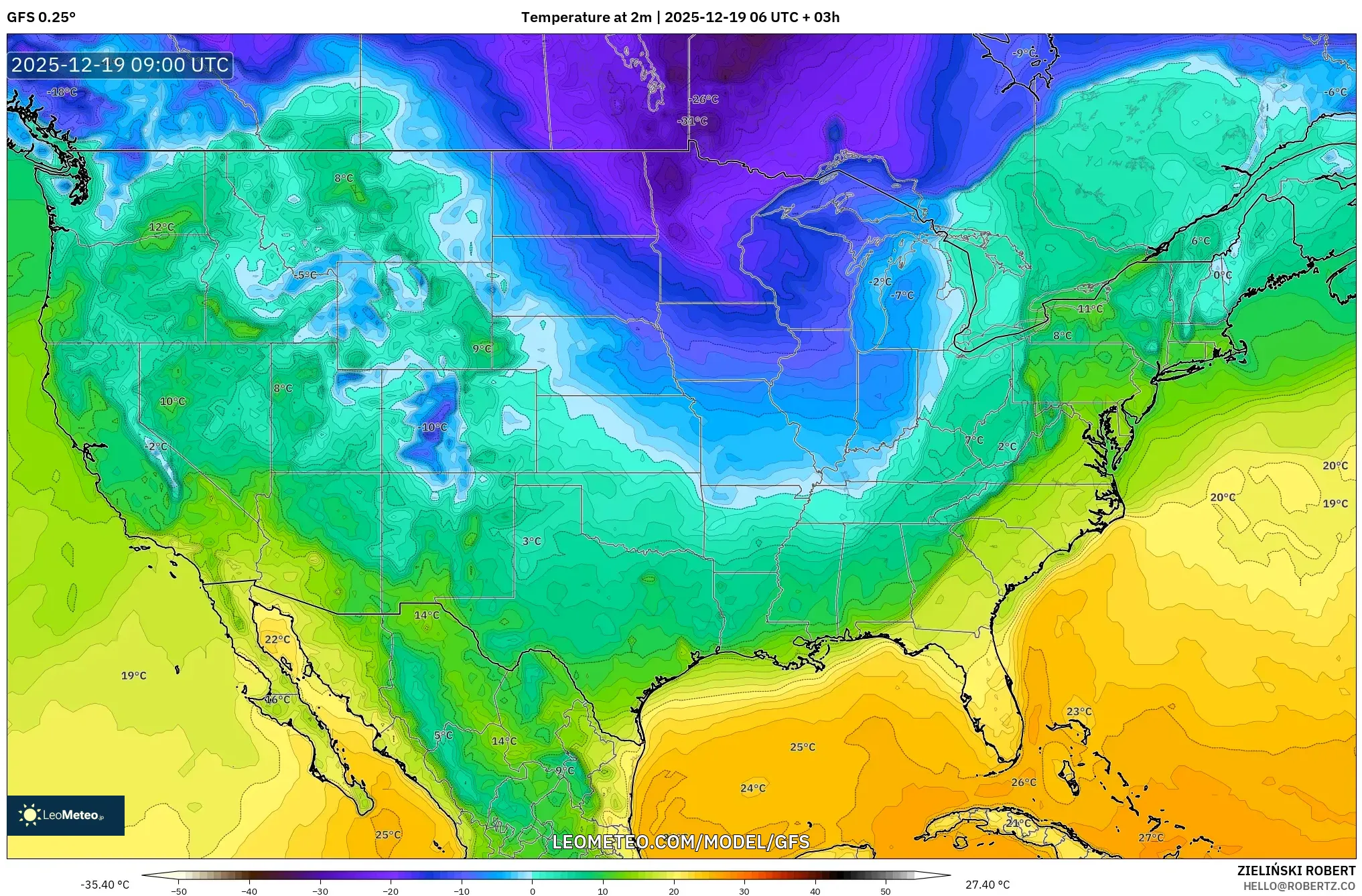GFS model - United States, Temperature at 2m