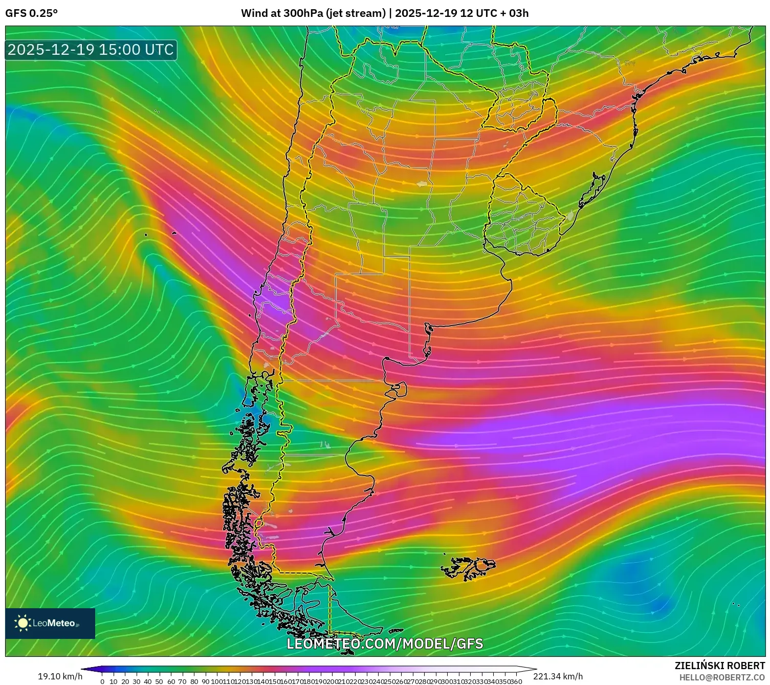 GFS model - Argentina, Wind at 300hPa (jet stream)