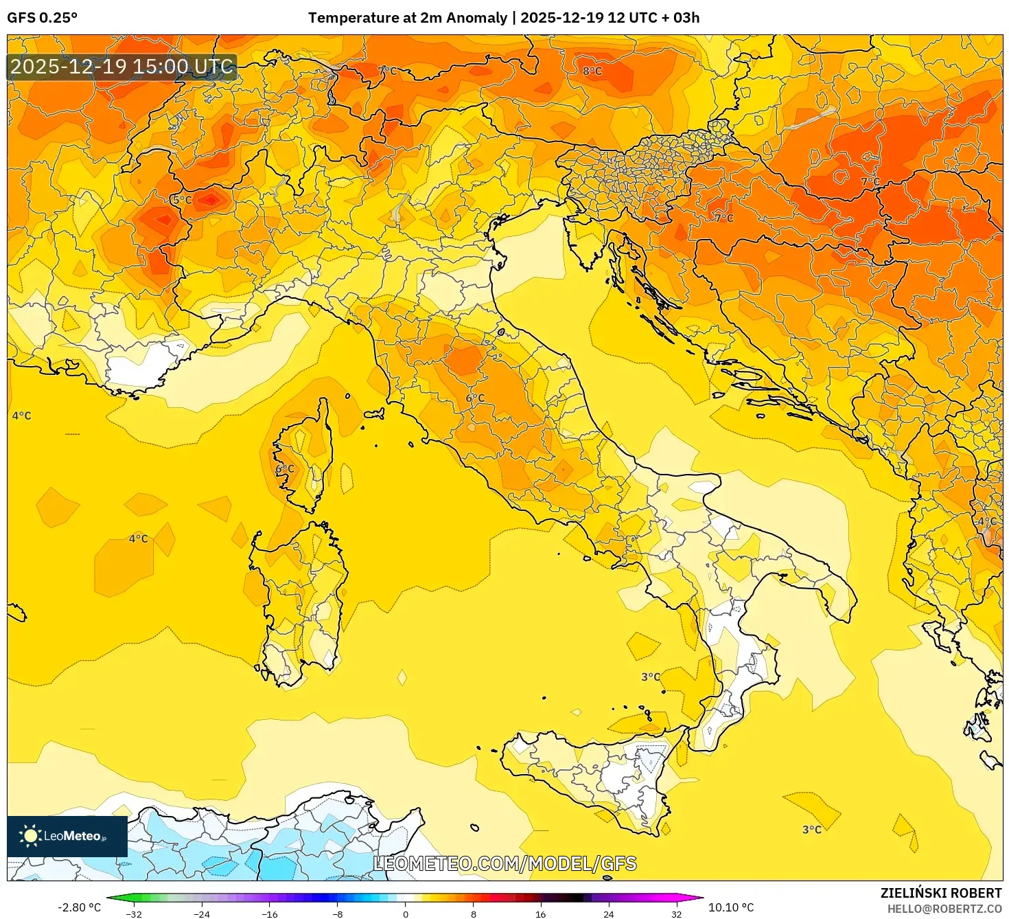 GFS model - Italy, Temperature at 2m Anomaly