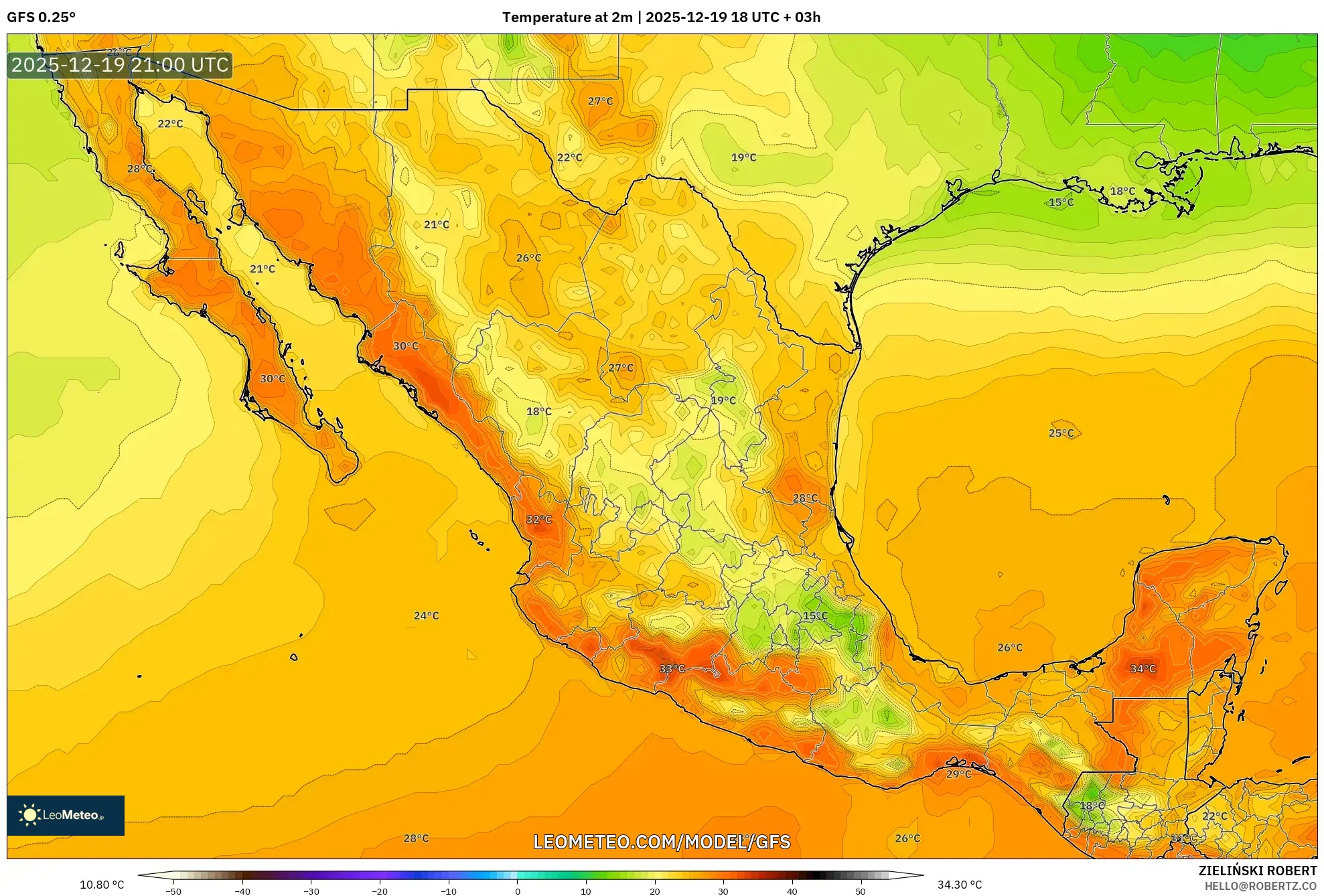 GFS model - Mexico, Temperature at 2m