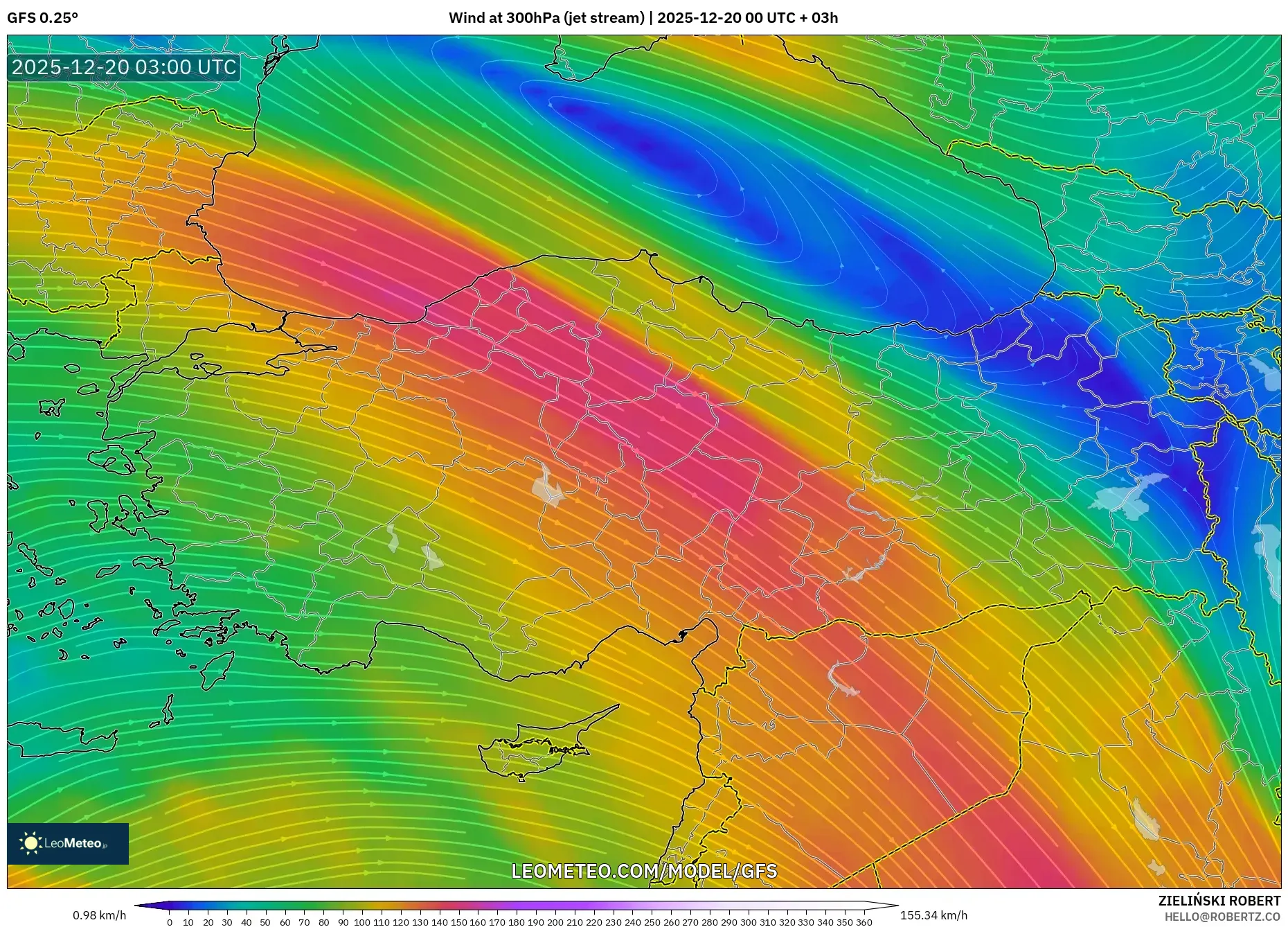 GFS model - Turkey, Wind at 300hPa (jet stream)