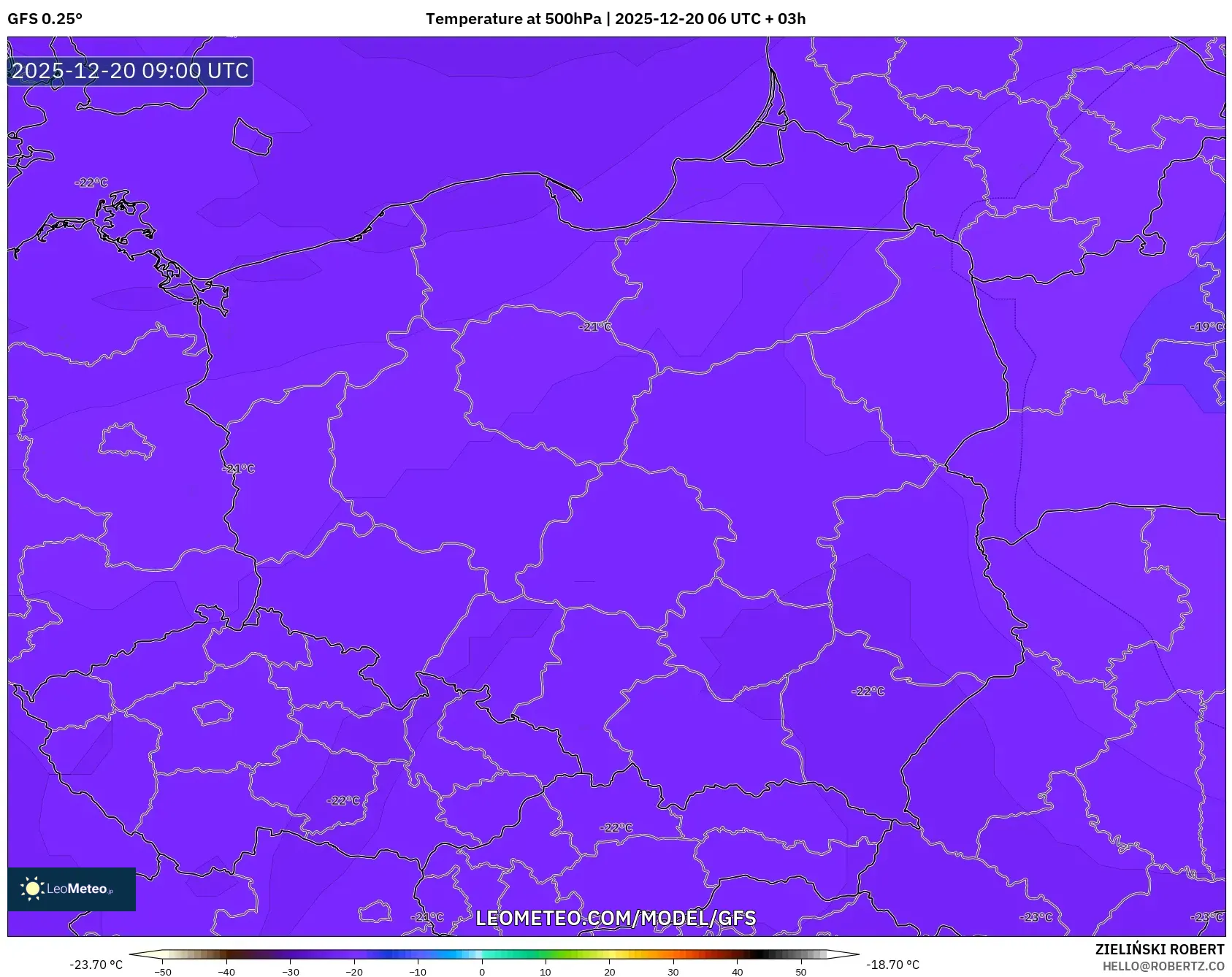 GFS model - Poland, Temperature at 500hPa