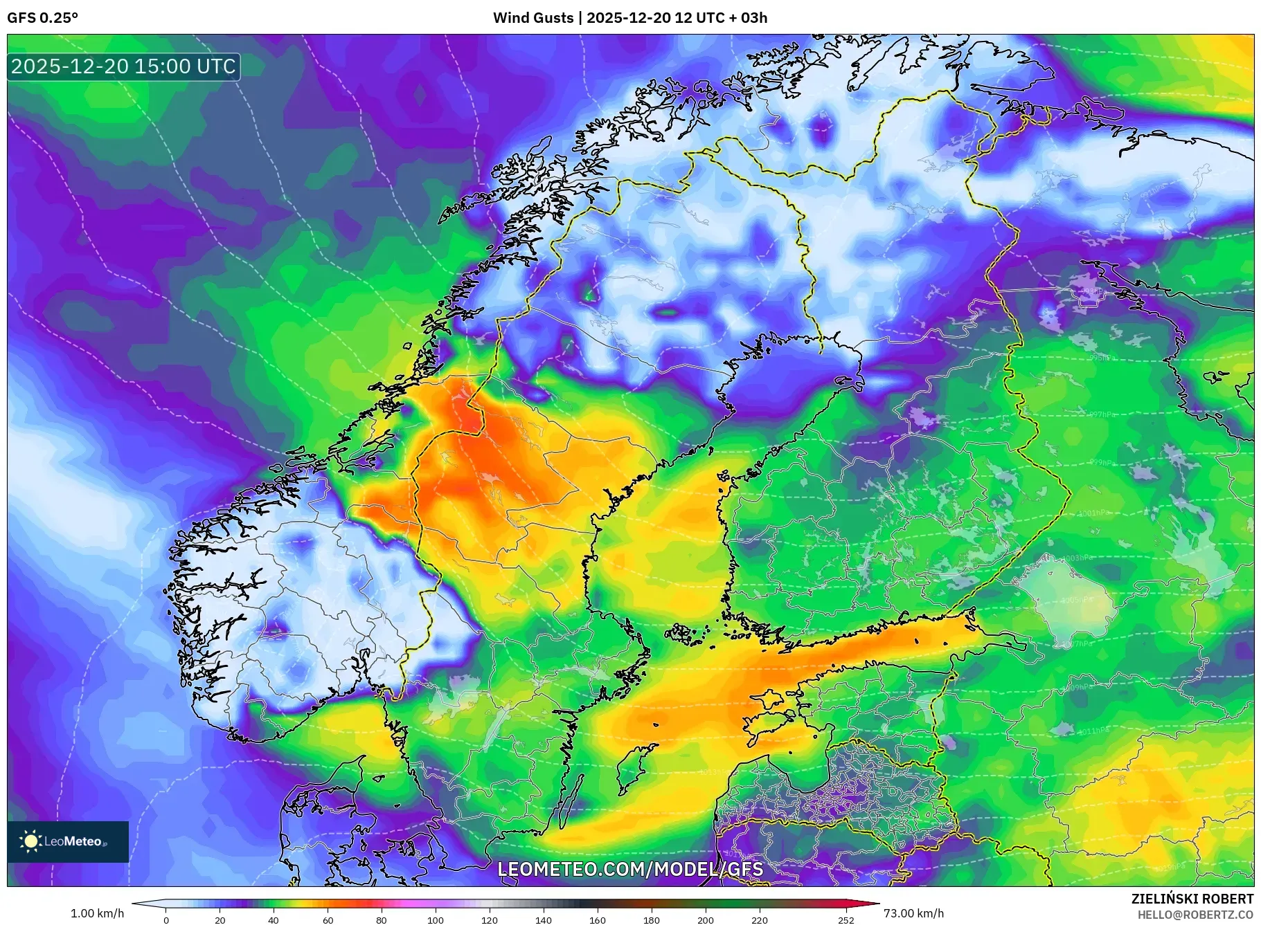 GFS model - Scandinavia, Wind Gusts