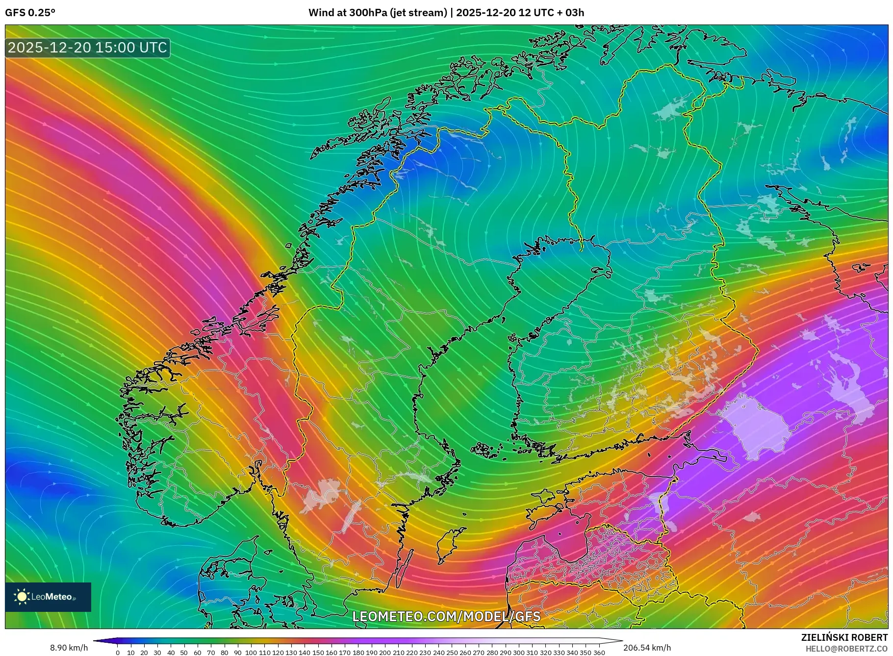 GFS model - Scandinavia, Wind at 300hPa (jet stream)